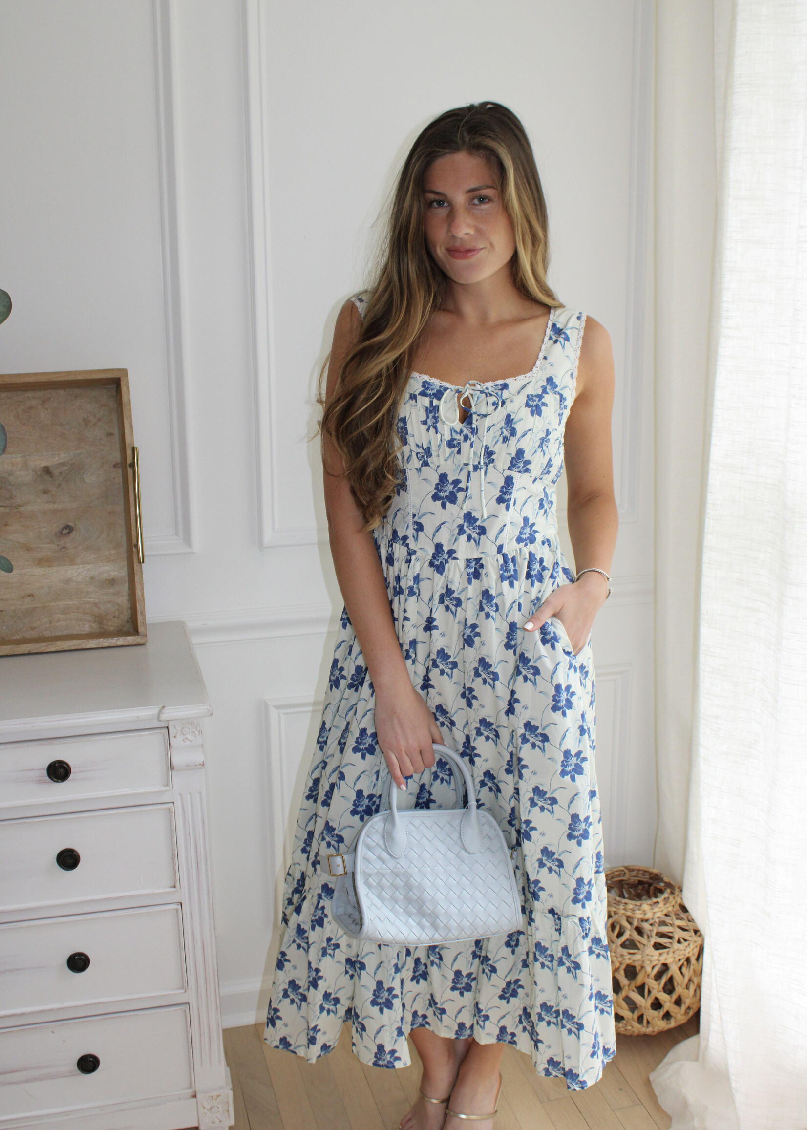 Cienna Floral Lace Trim Tie Front Midi Dress