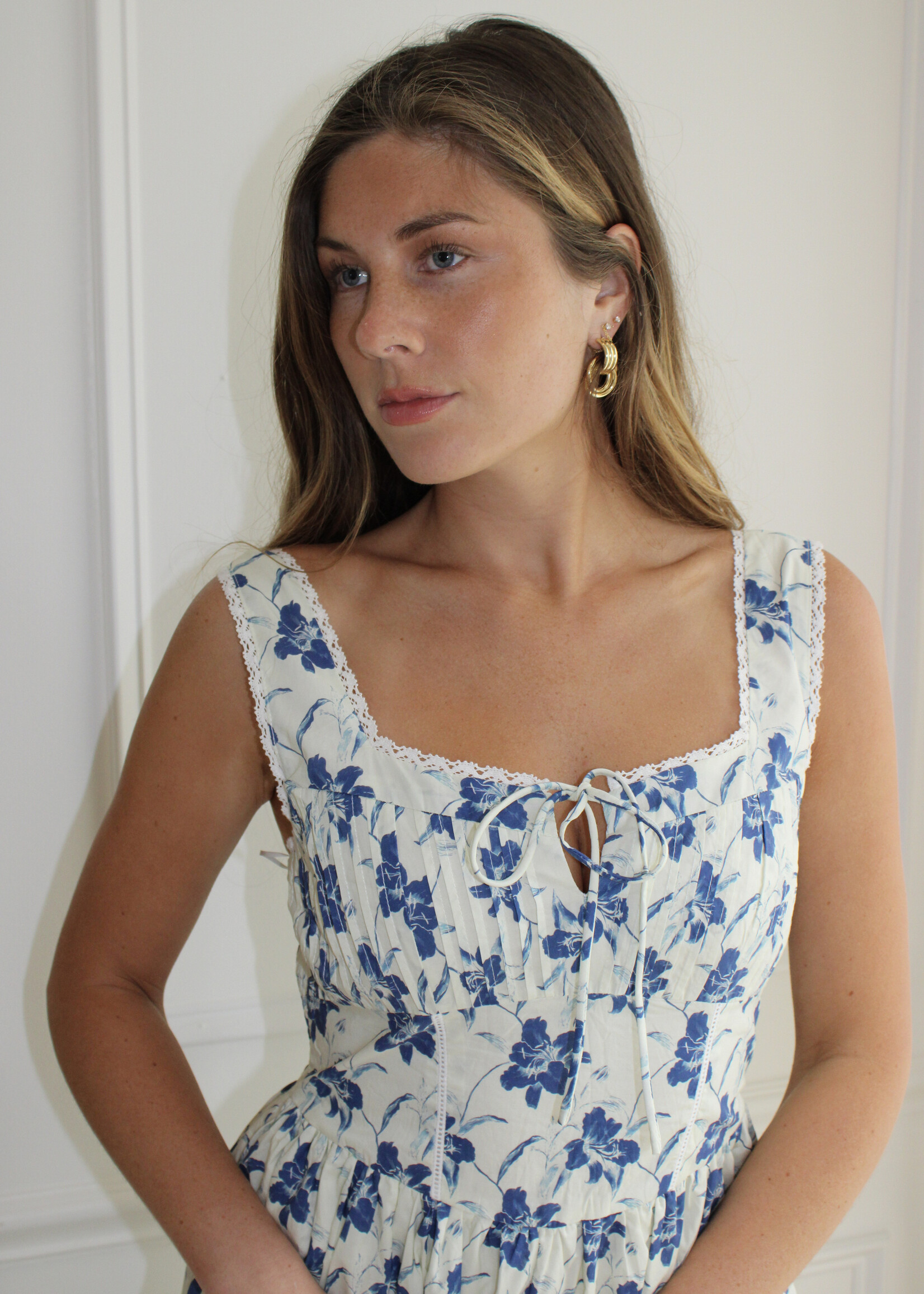 Cienna Floral Lace Trim Tie Front Midi Dress