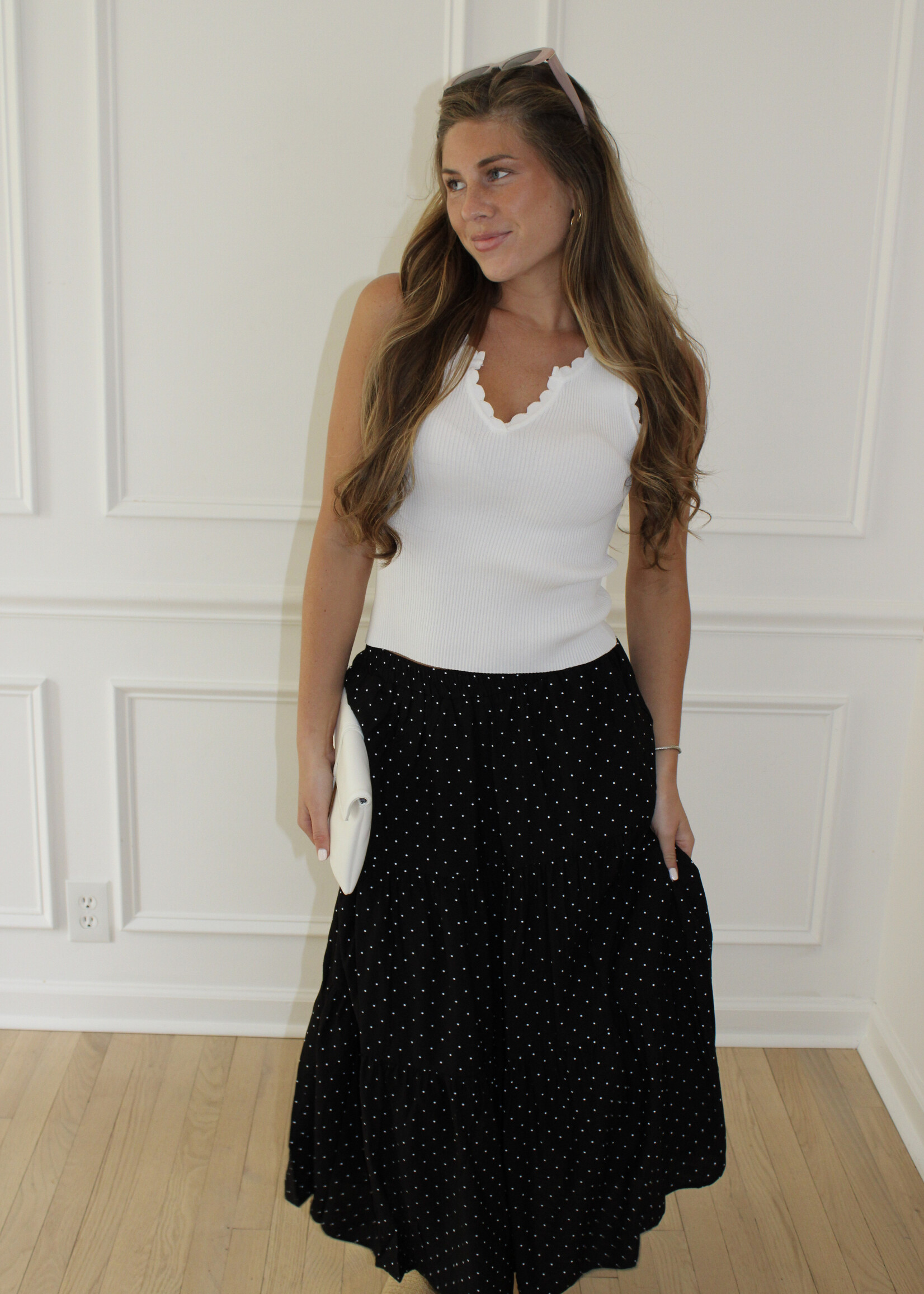 Alisa Tiered Polka Dot Midi Skrt