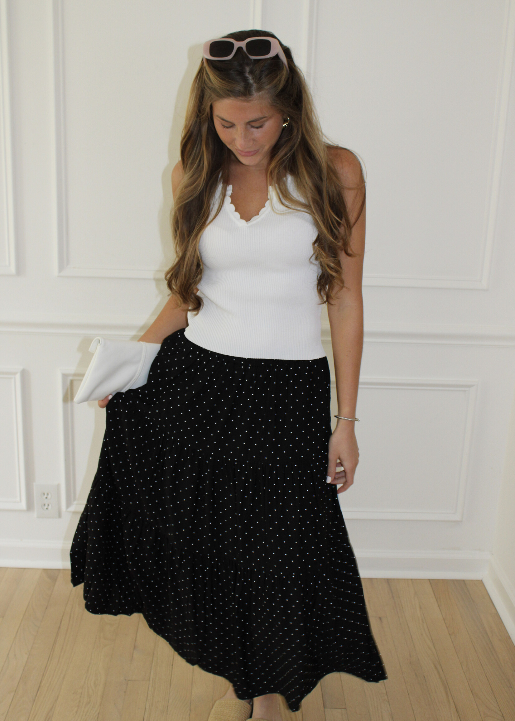 Alisa Tiered Polka Dot Midi Skrt