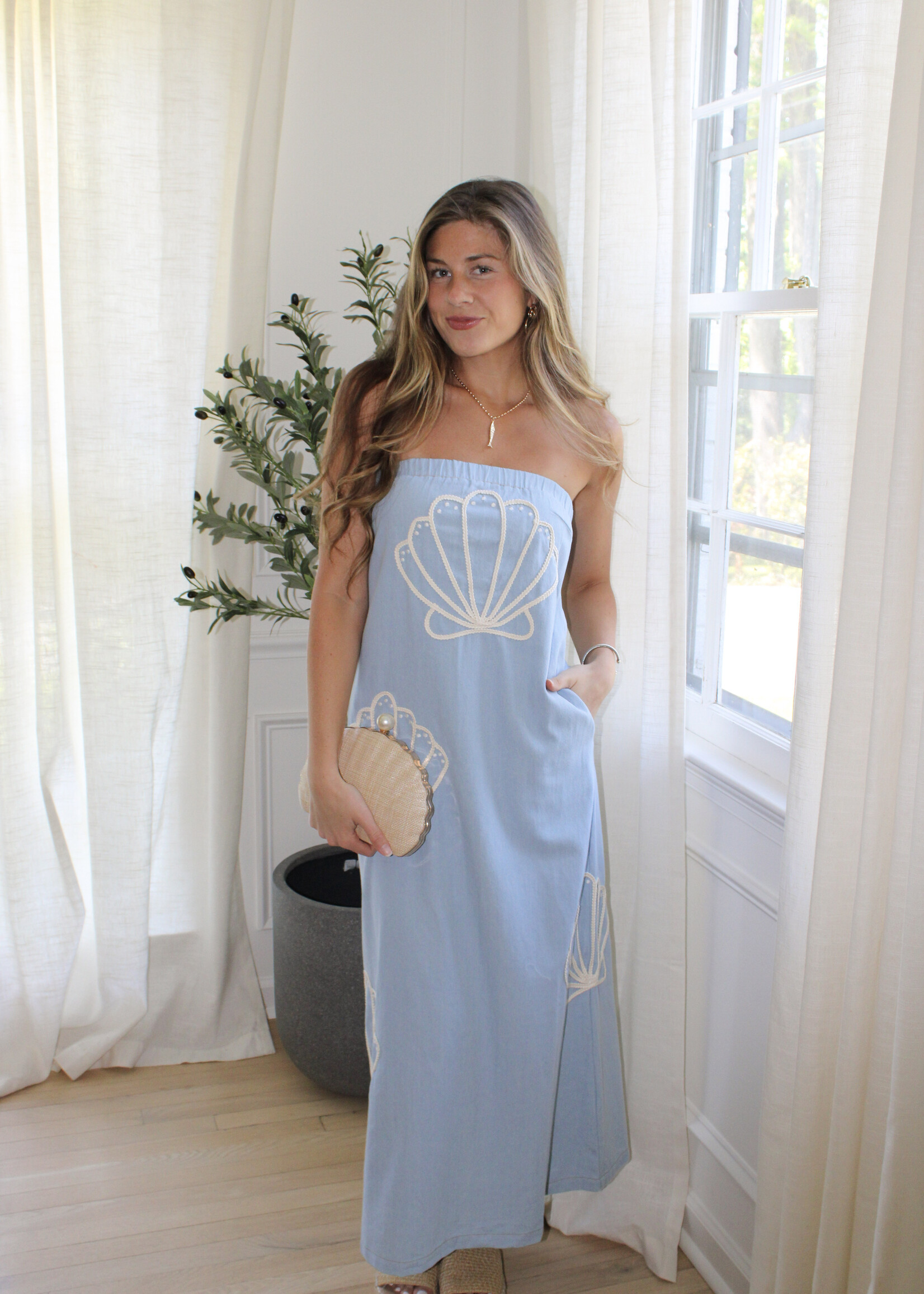 Farrah Shell Embroidered Tube Maxi Dress
