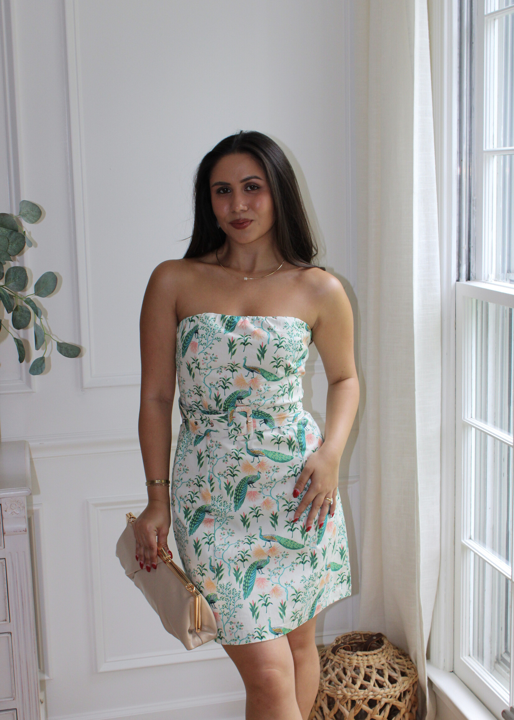 Lorelei Strapless Peacock Printed Mini dress