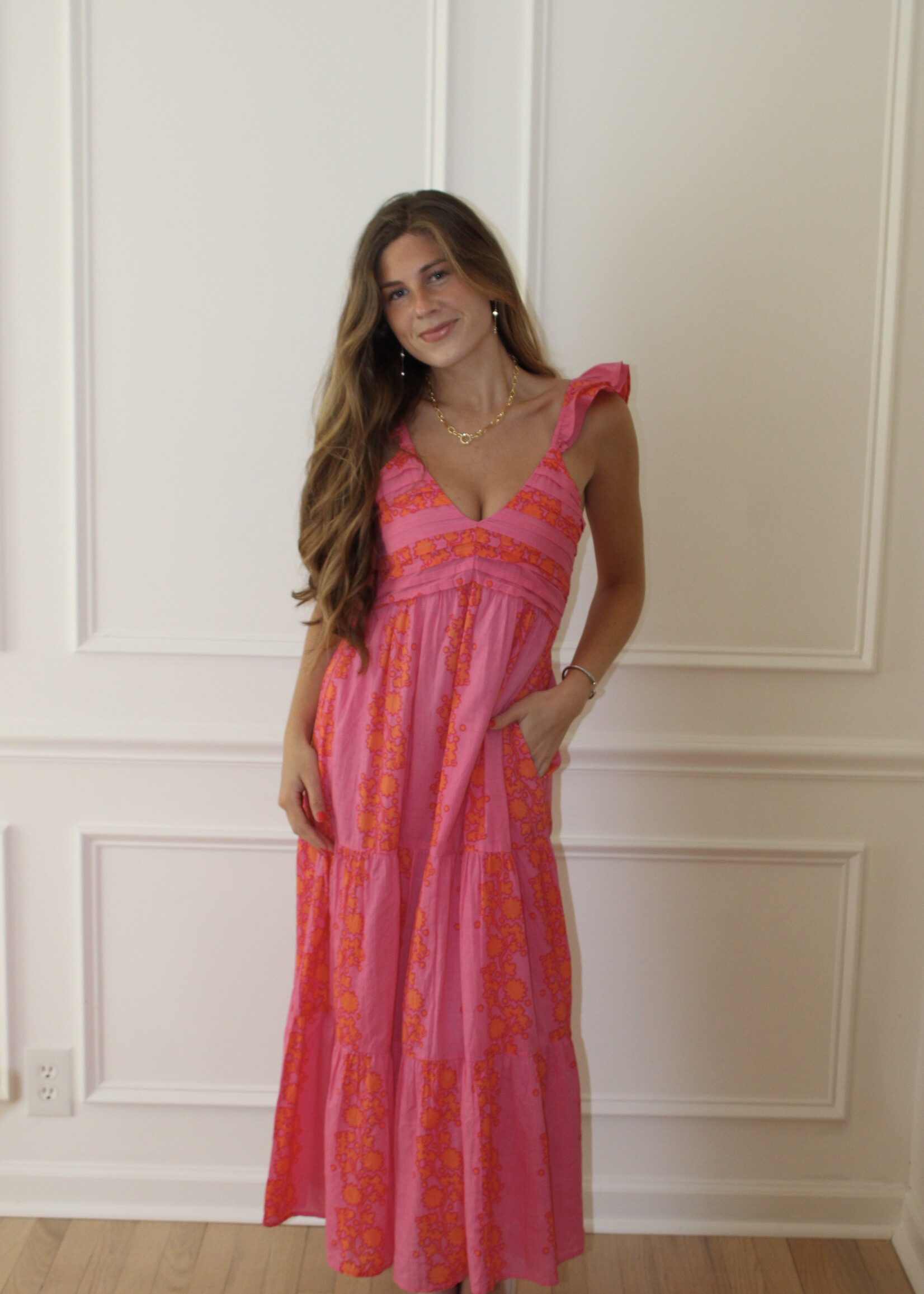 Deloris Flutter Sleeve Print Midi Dress
