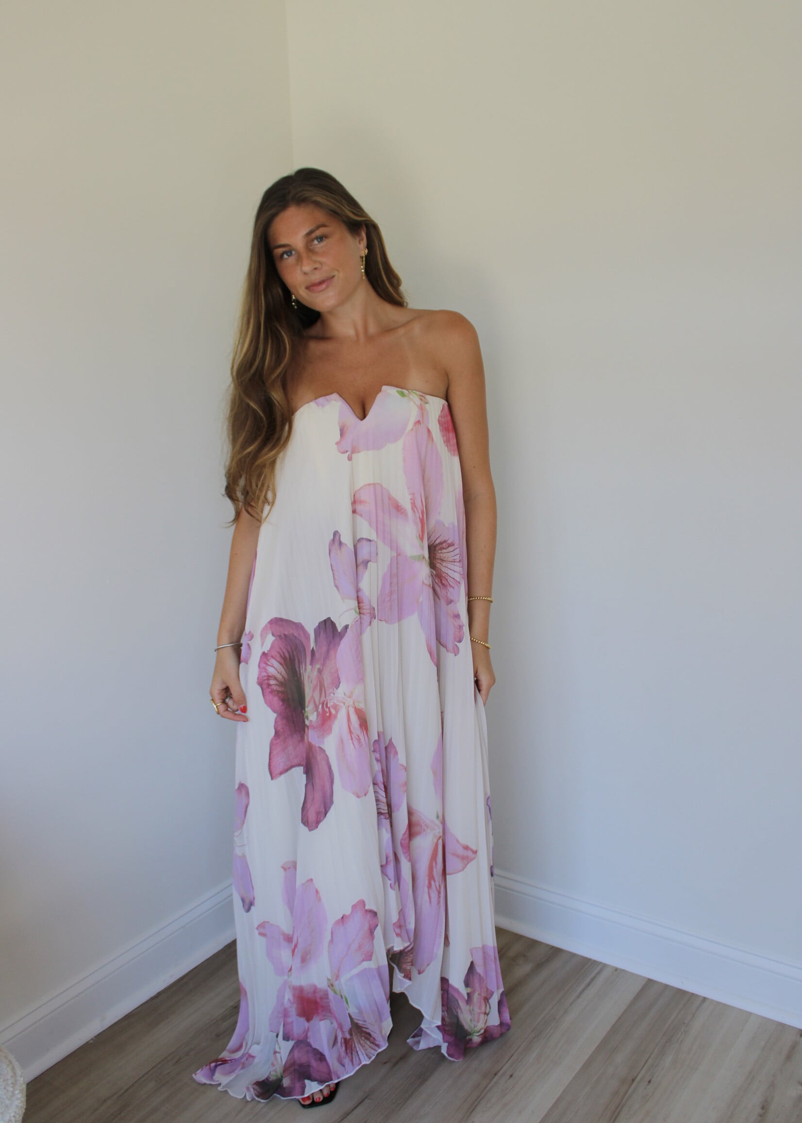 Emery Satin Pleated Maxi Column Dress