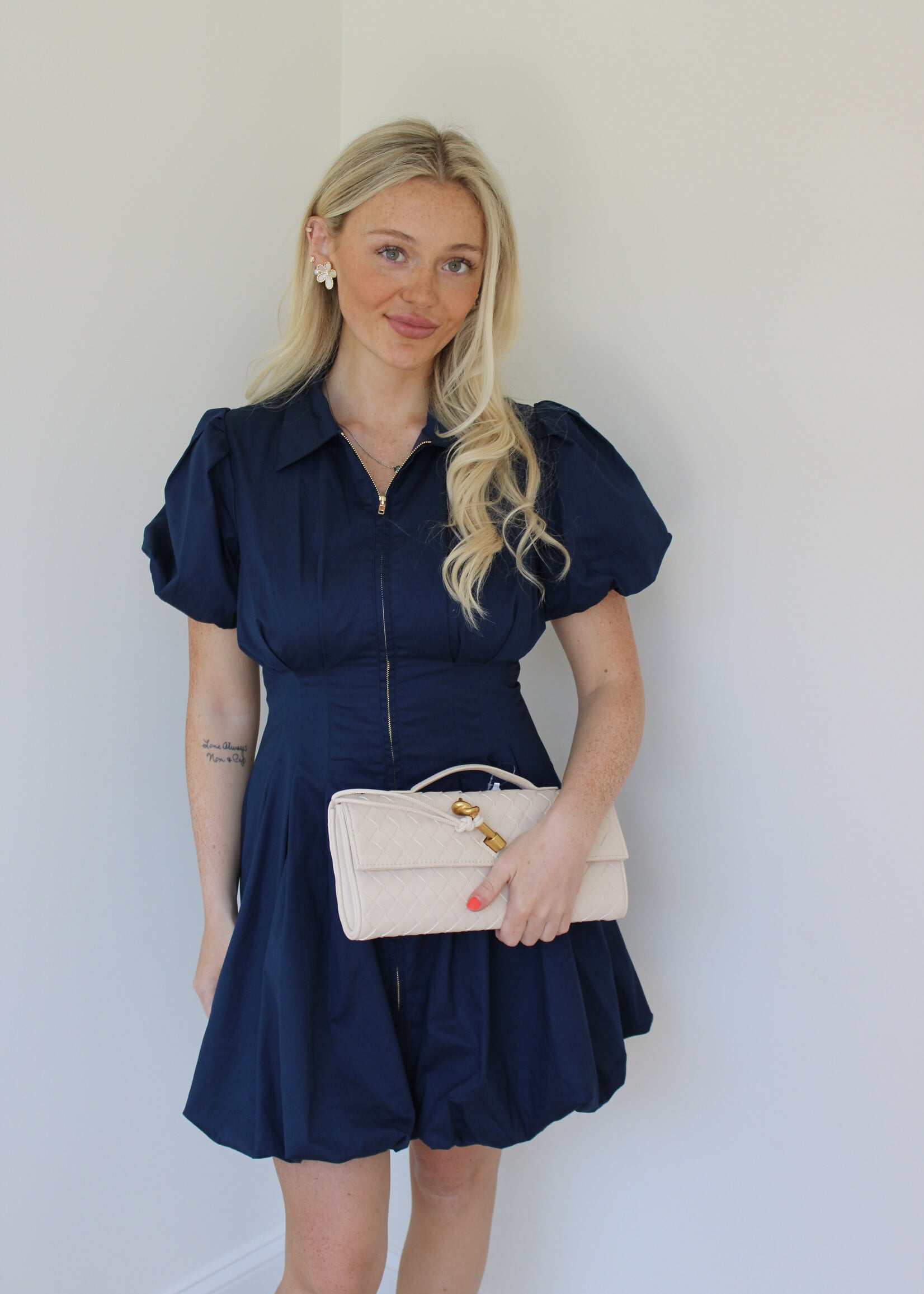 Fifi Fit And Flare Zipper Front Bubble Sleeves Dress