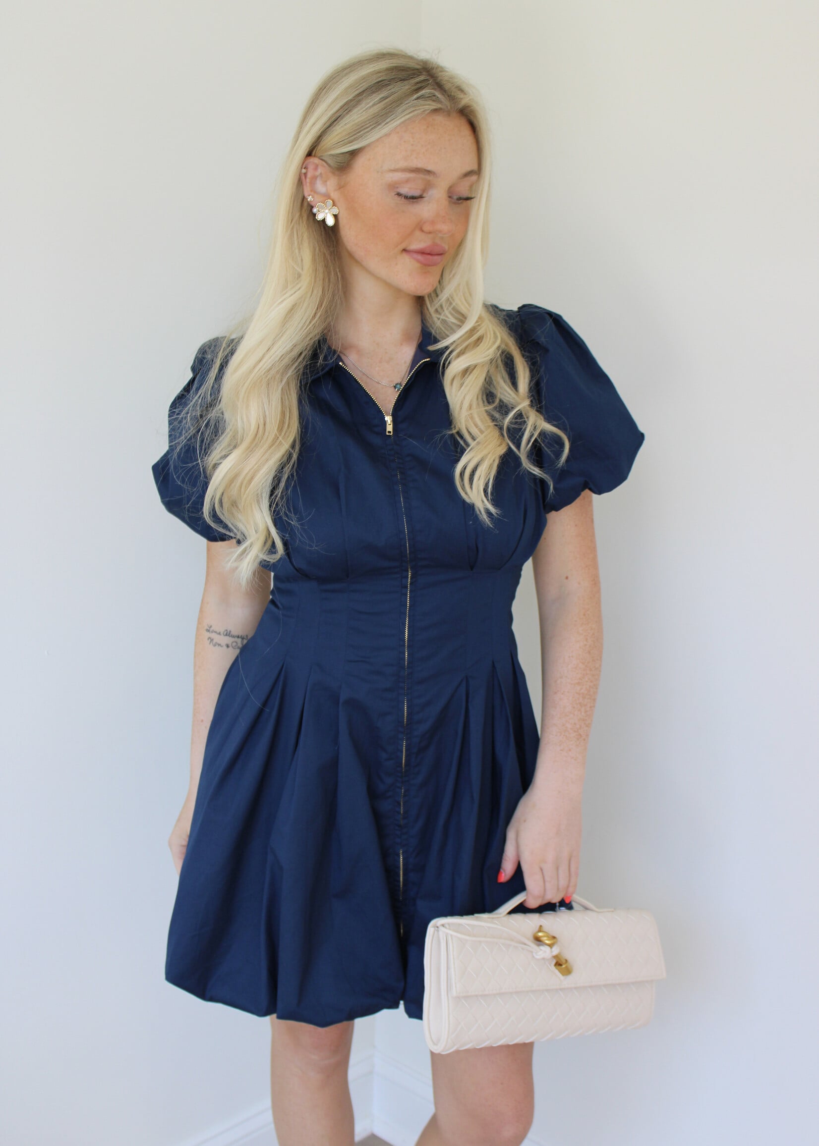 Fifi Fit And Flare Zipper Front Bubble Sleeves Dress