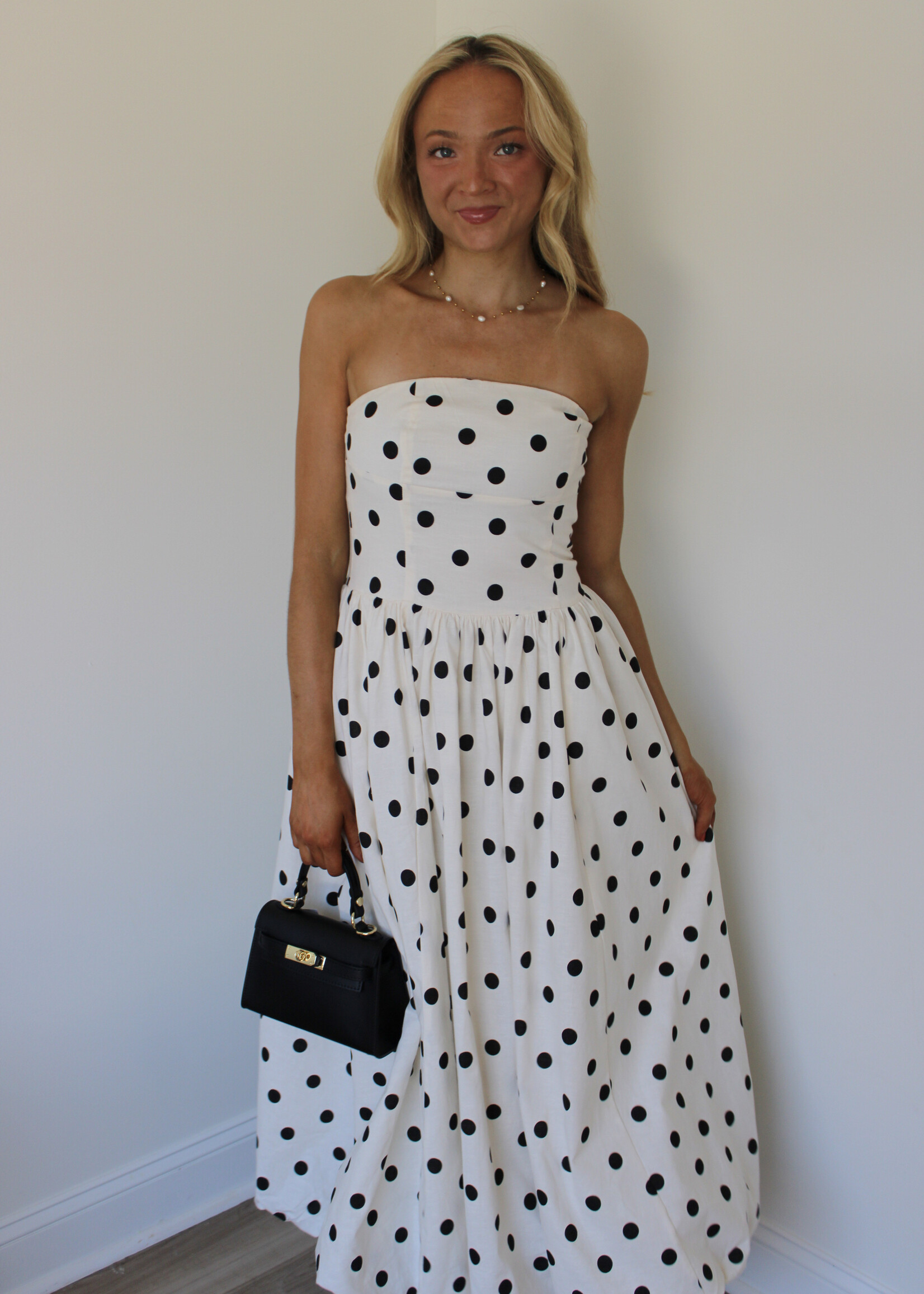 Cherie Strapless Dot Midi Dress