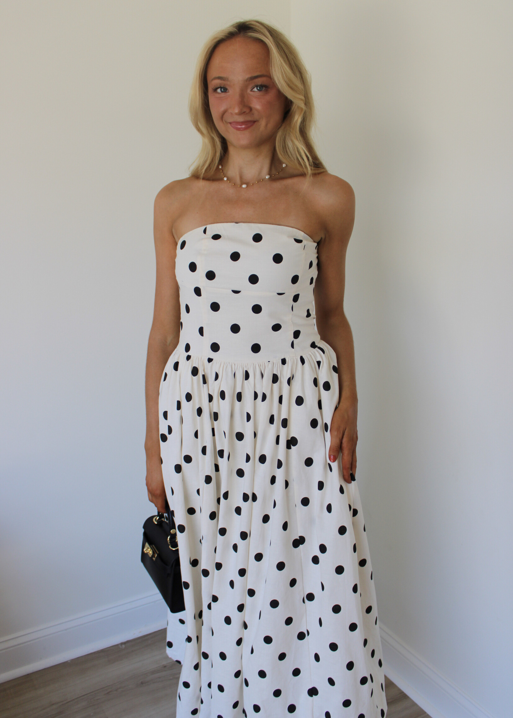Cherie Strapless Dot Midi Dress