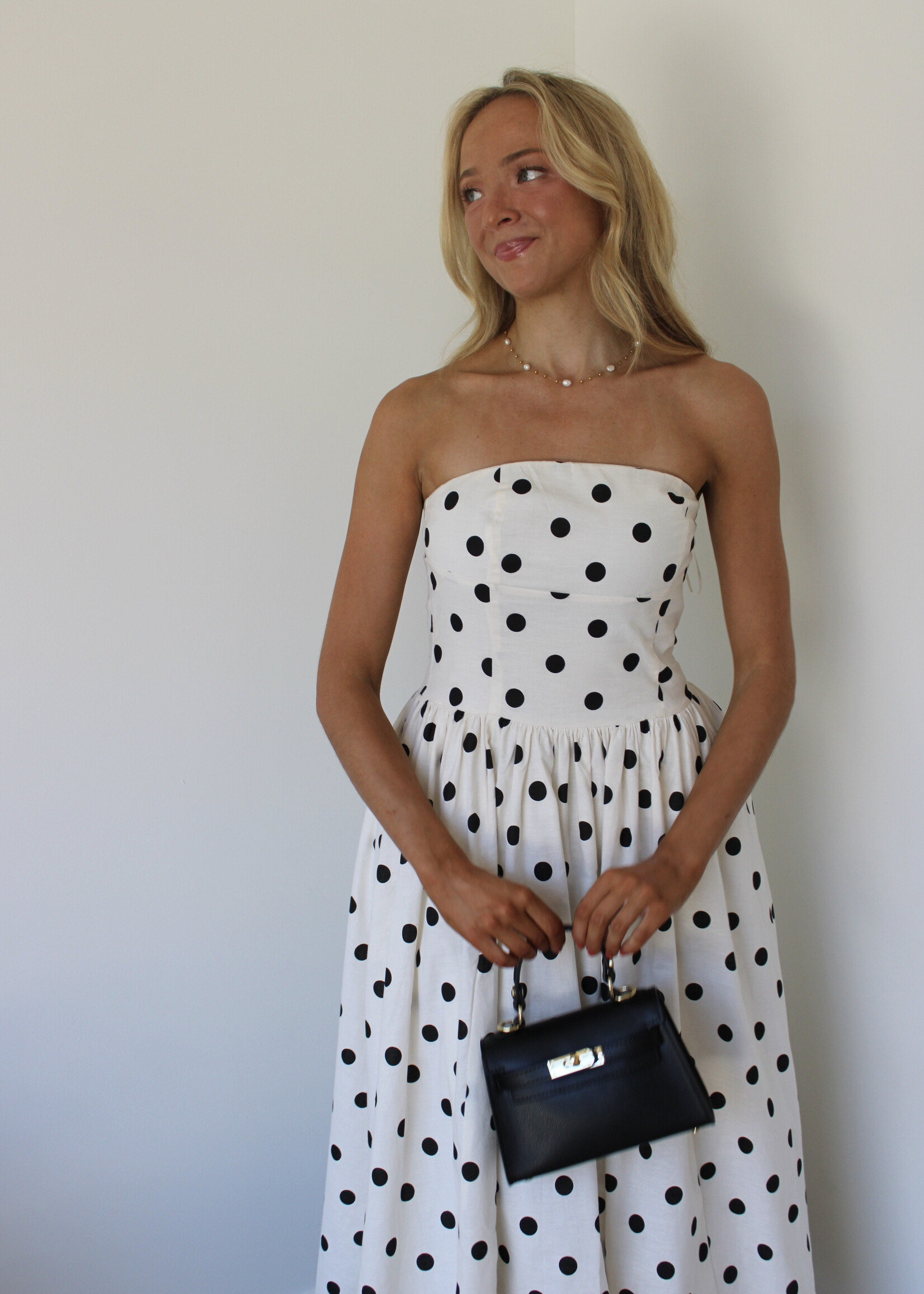 Cherie Strapless Dot Midi Dress