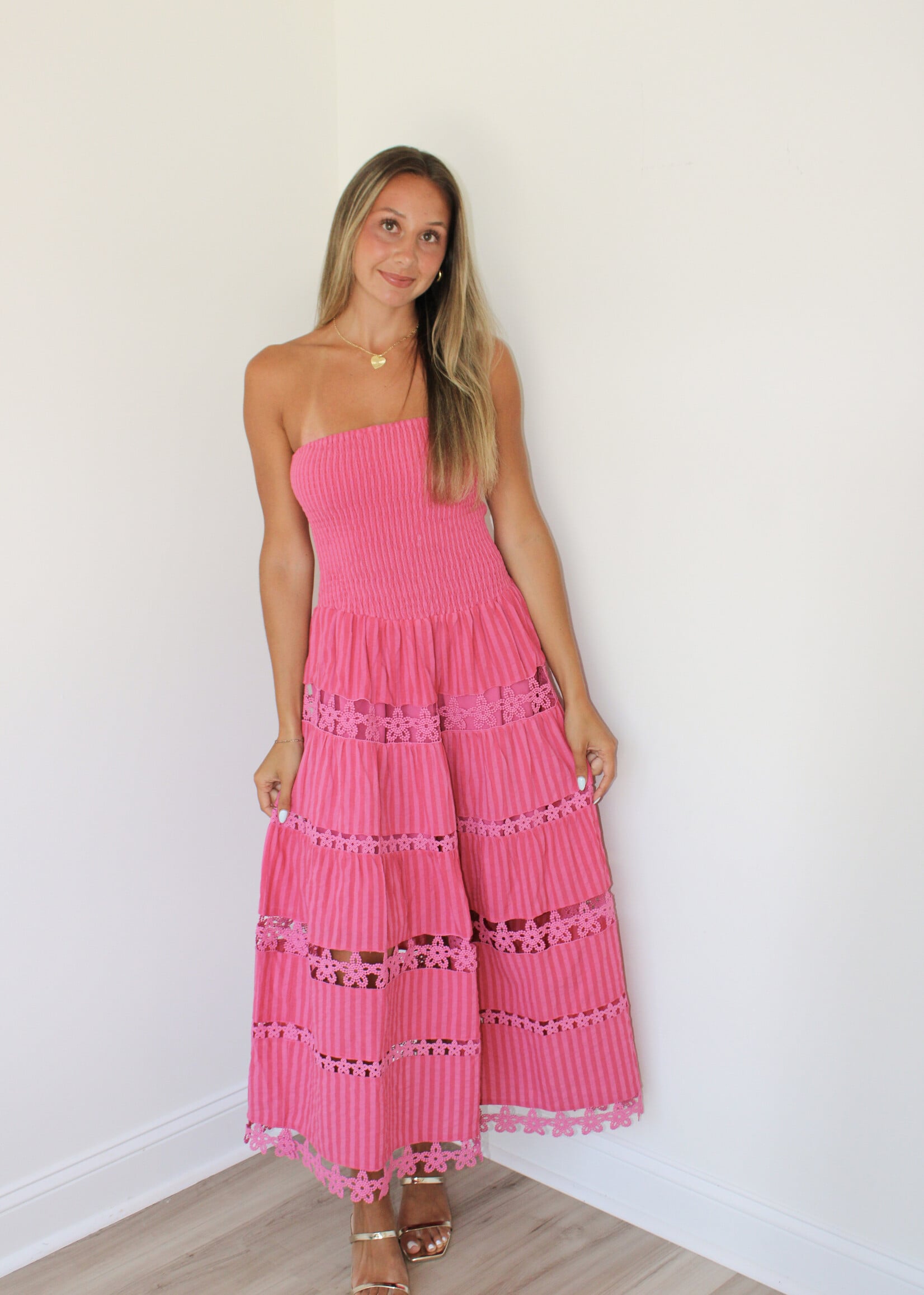 Lillian Striped Floral Lace Tube Dress