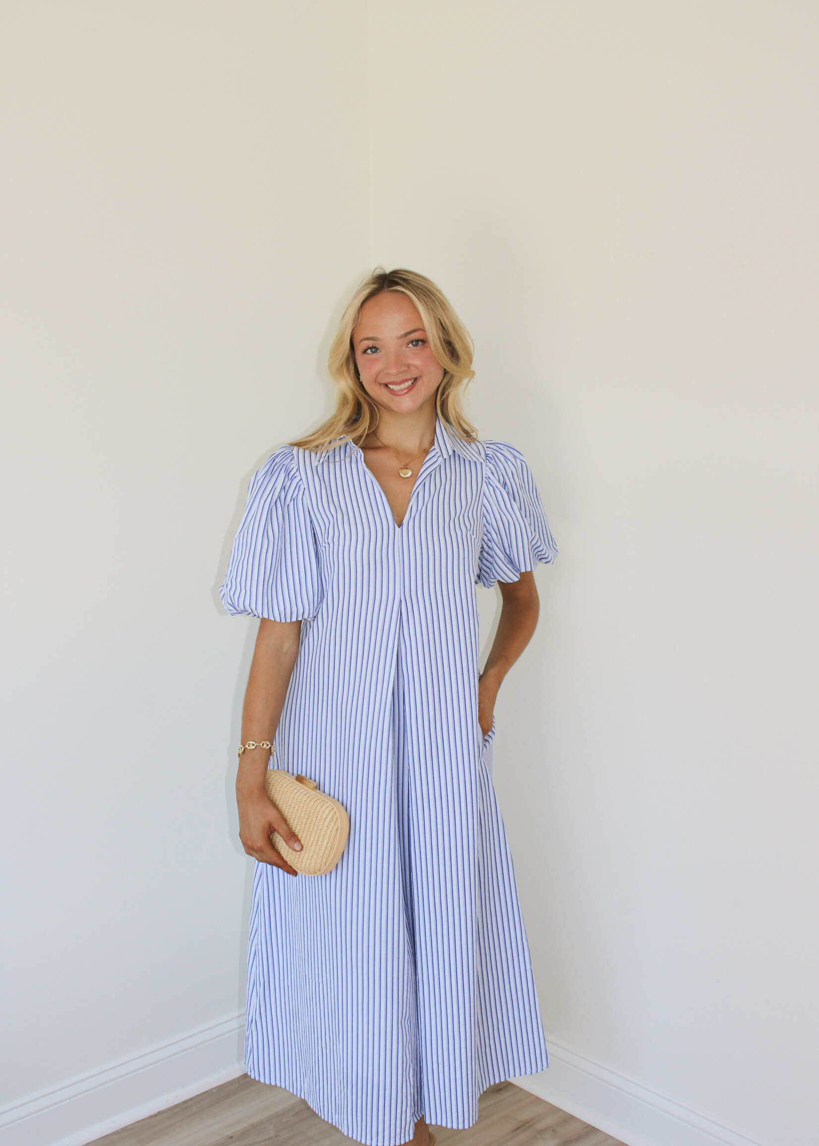 Adrieana V Neck Puff Sleeve Pleated Midi Dress