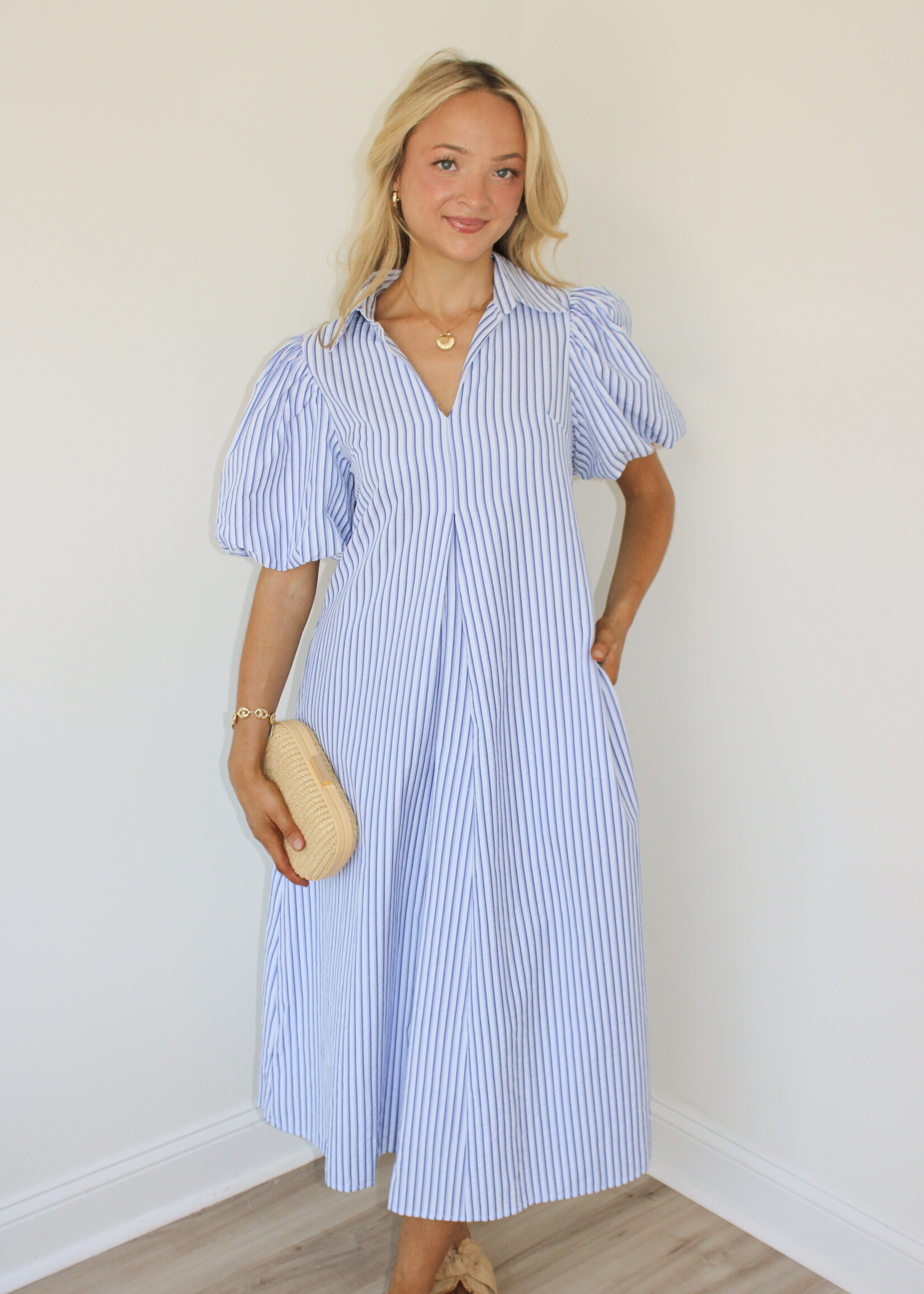 Adrieana V Neck Puff Sleeve Pleated Midi Dress
