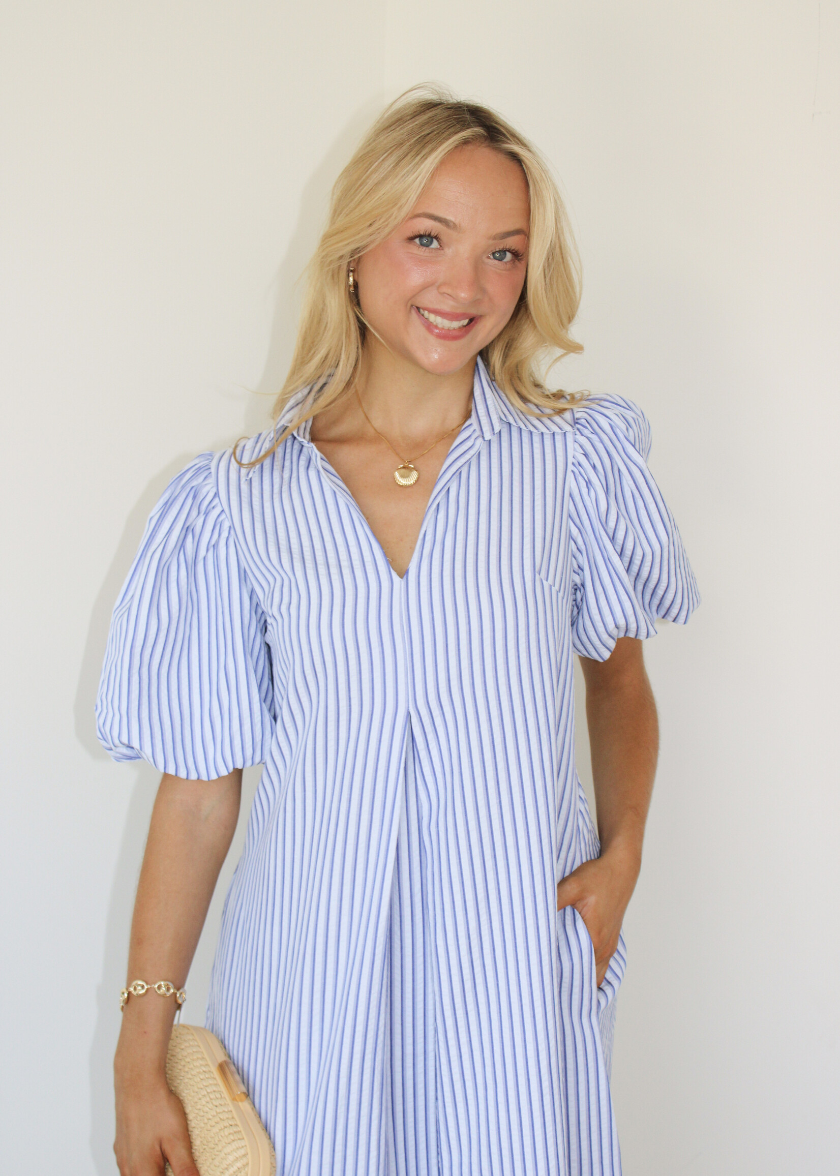 Adrieana V Neck Puff Sleeve Pleated Midi Dress