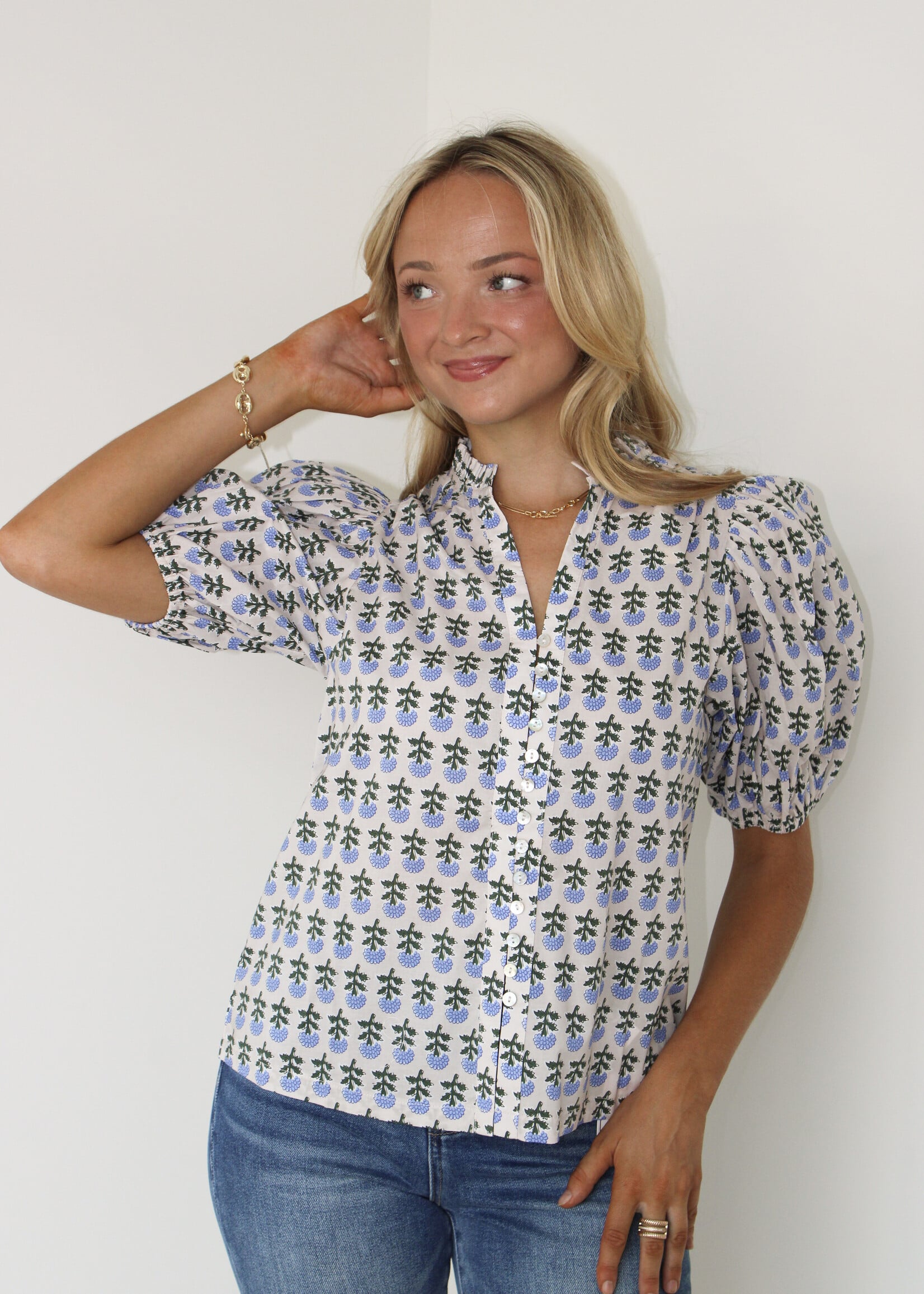 Annie Floral Puff Sleeve Collared Top