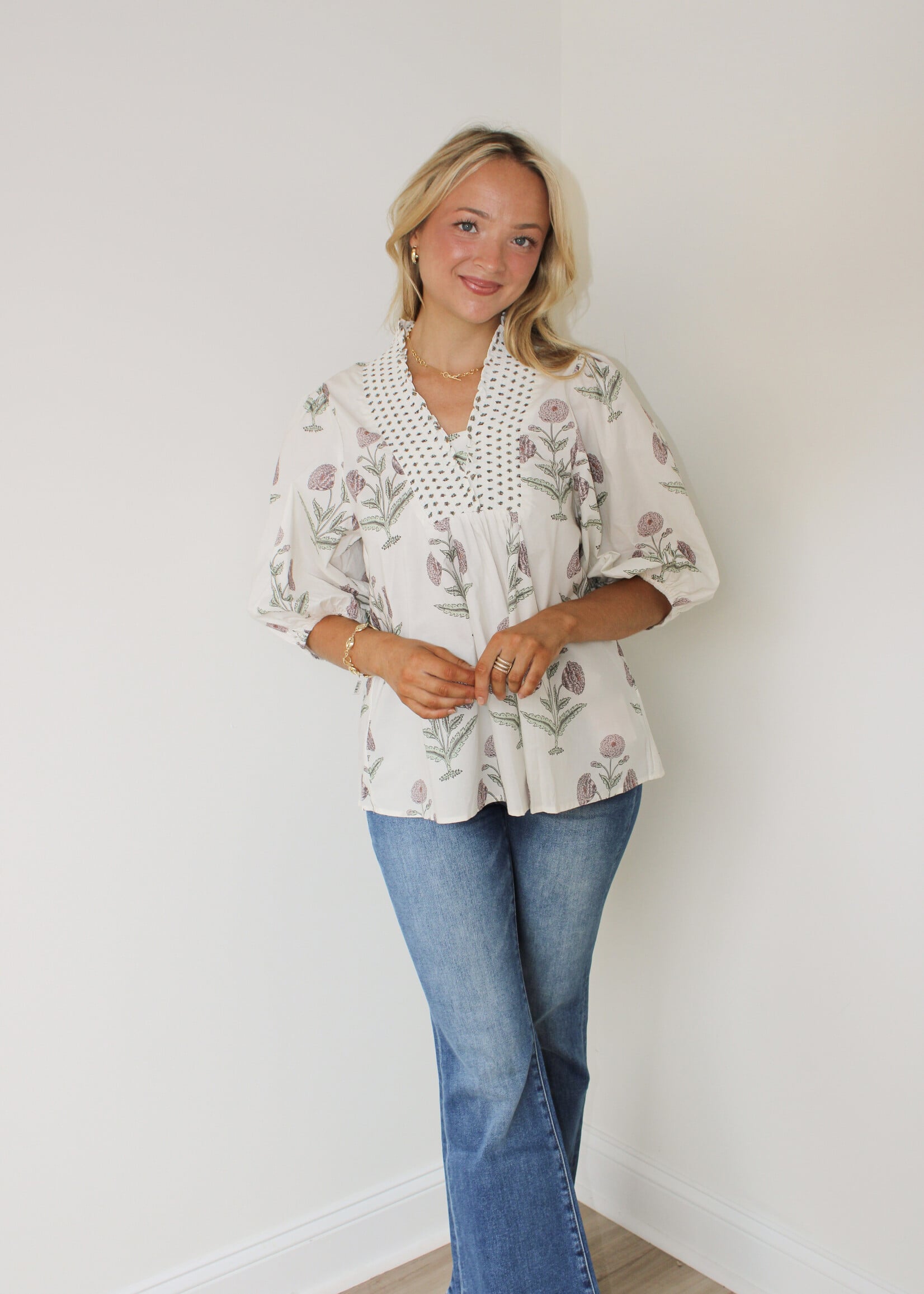 Moe Smocked Neck Blouse Top