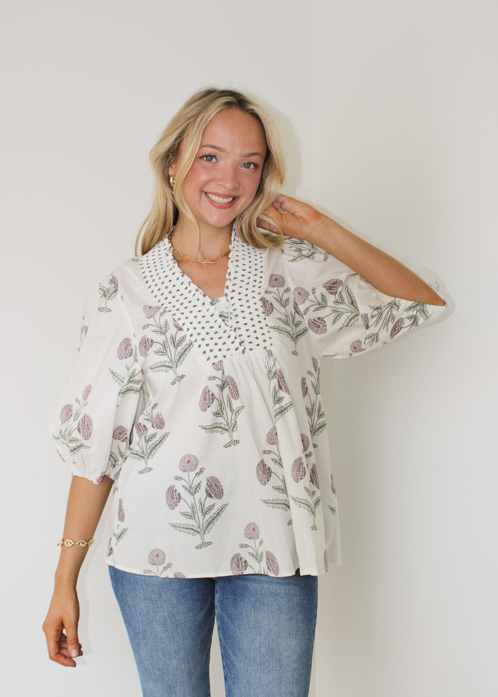 Moe Smocked Neck Blouse Top