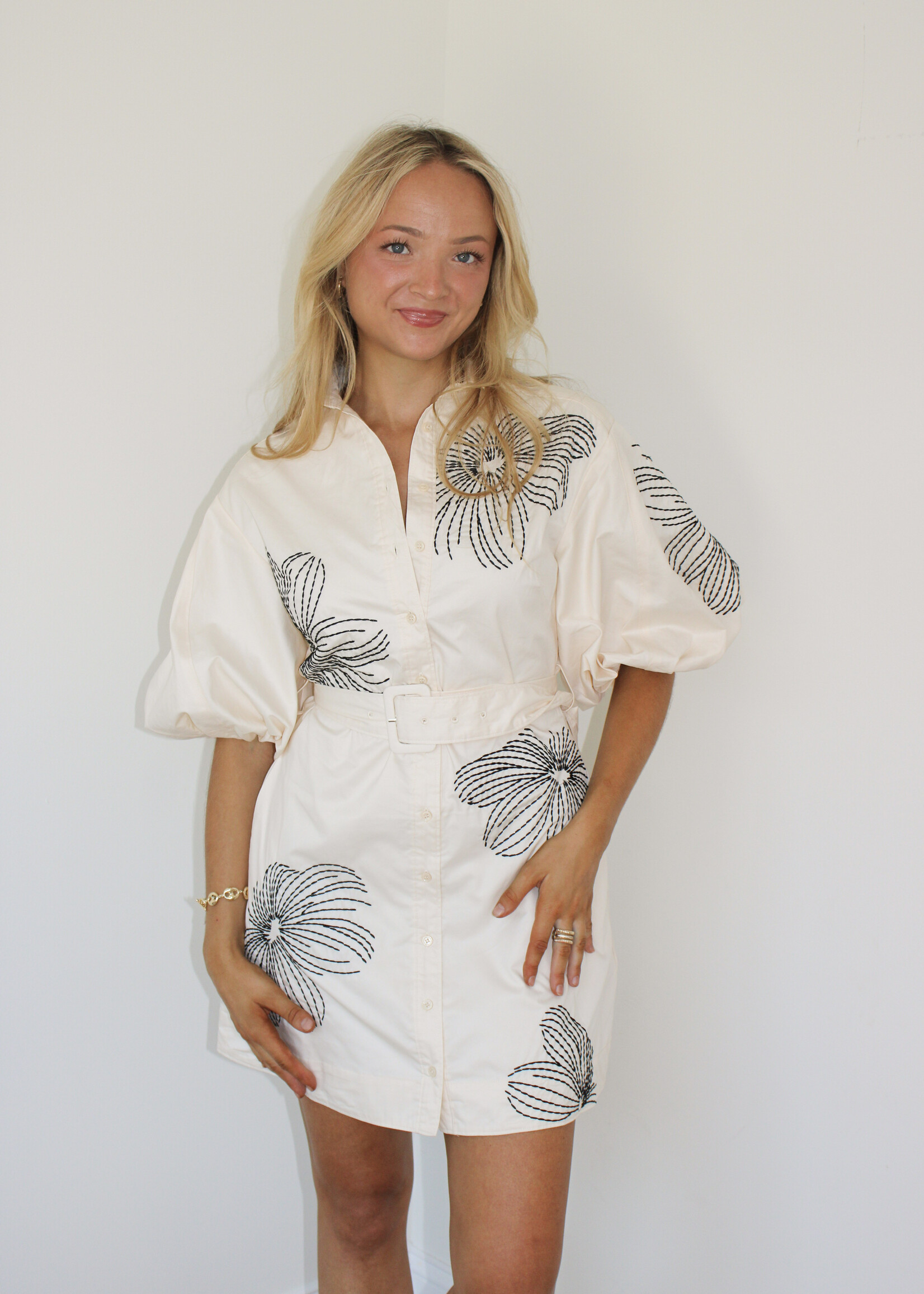 Ellery Embroidered Puff Mini Shirt Dress