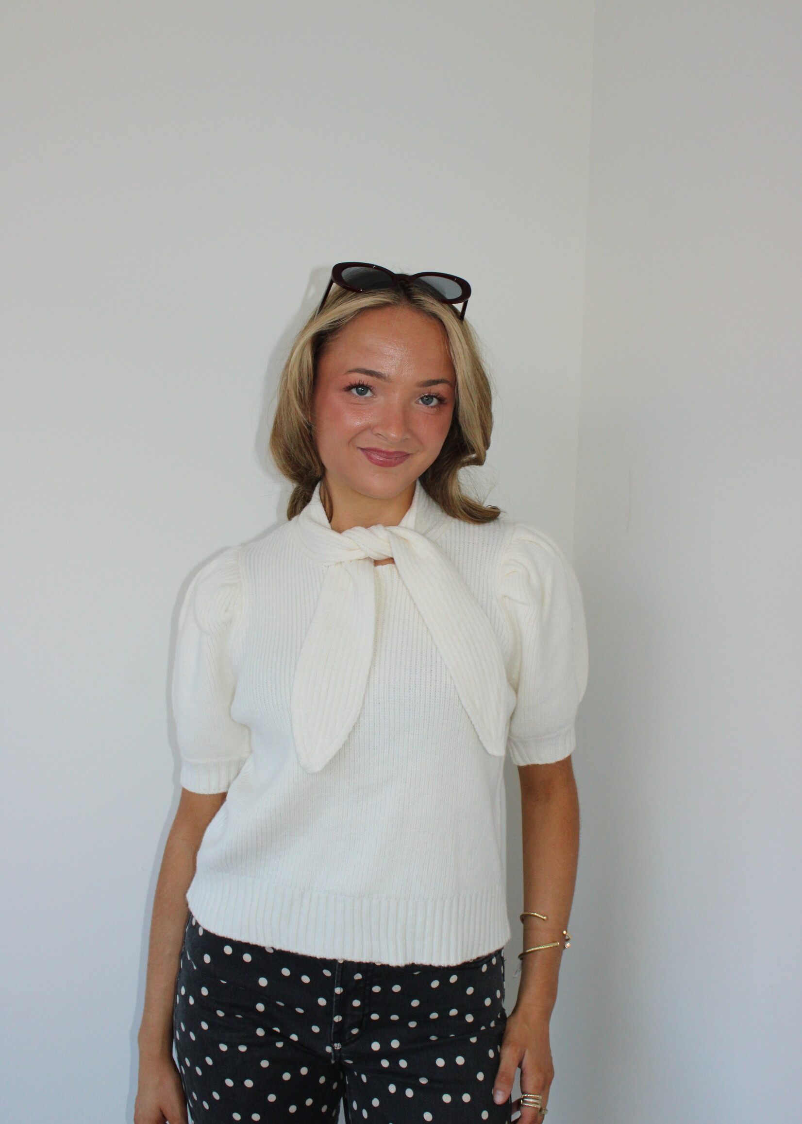 Marsha Tie Neck Puff Sleeve Sweater