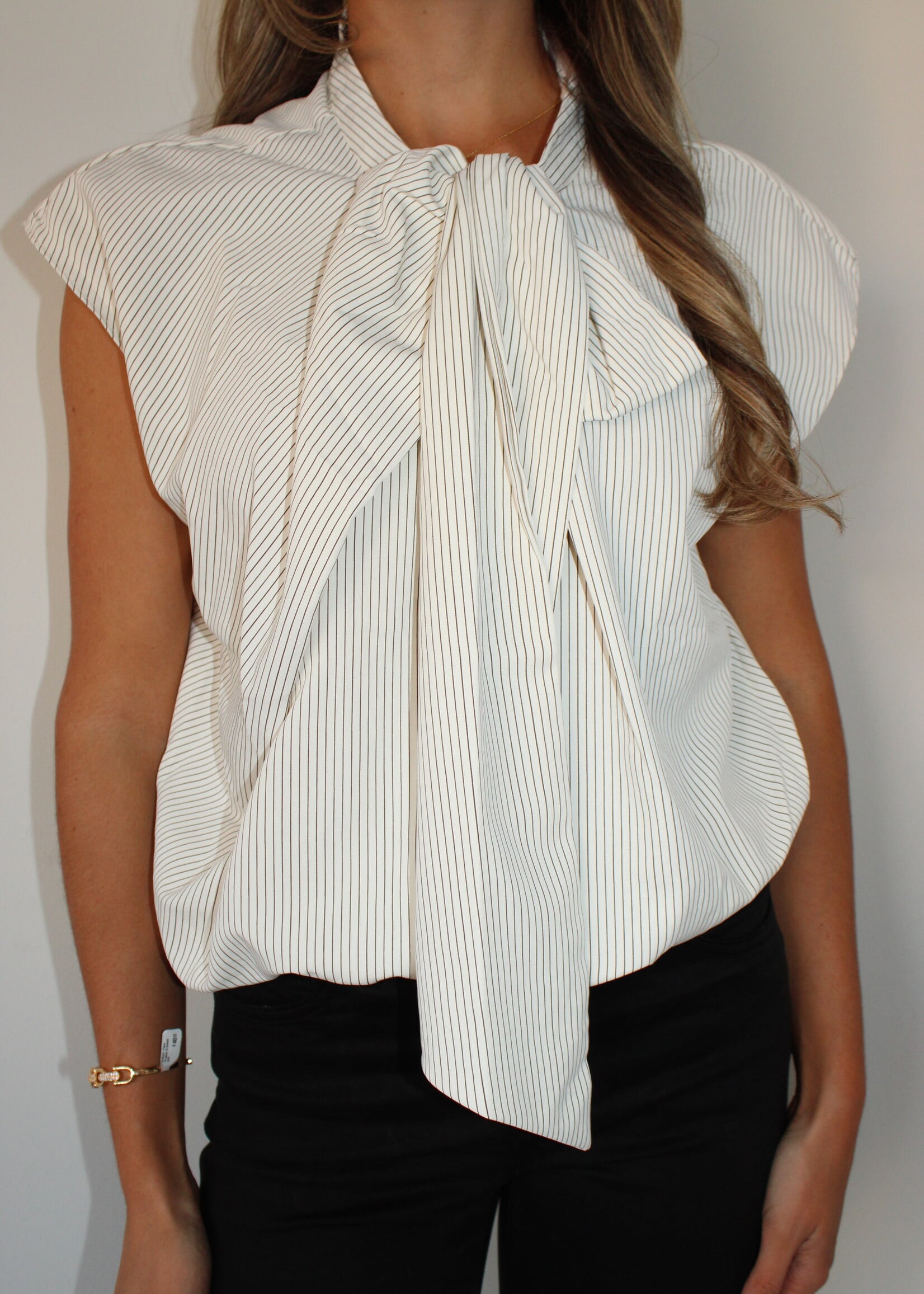 Brooks Striped Tie Neck Cap Sleeve Top