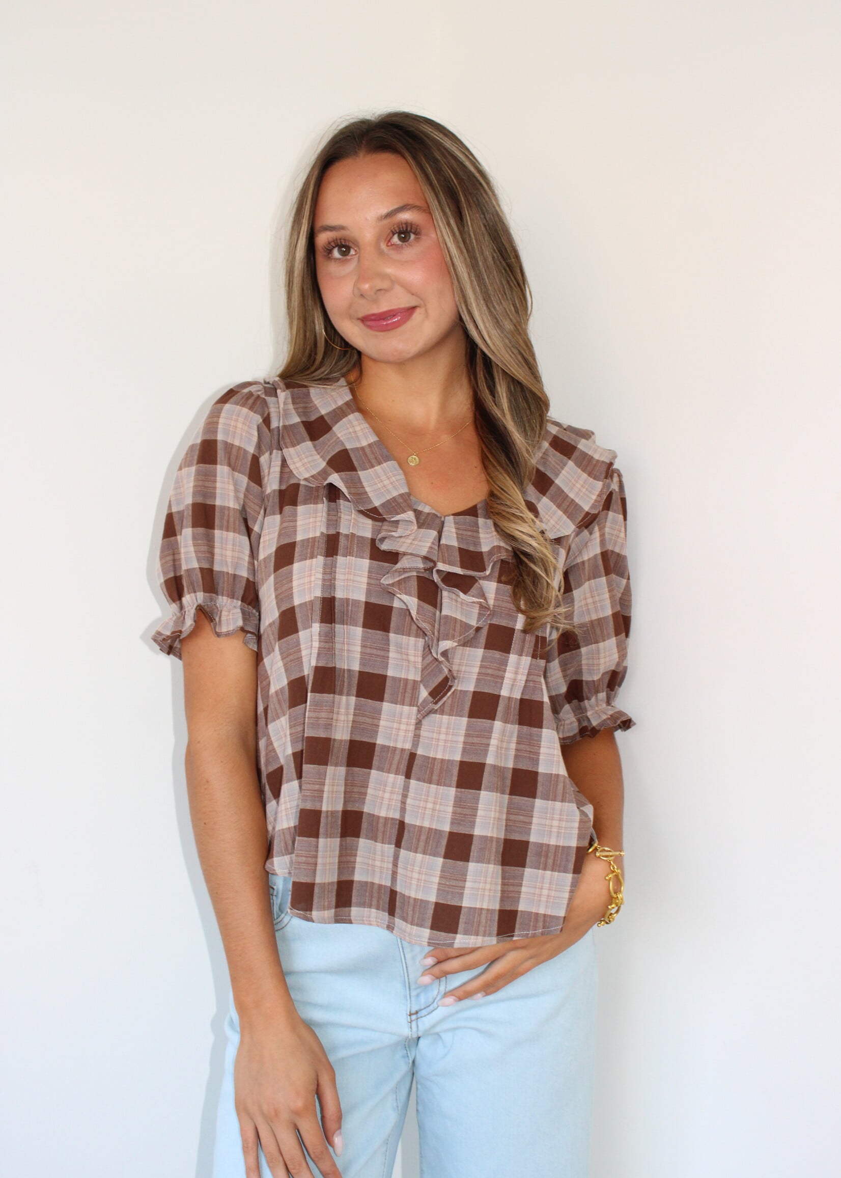 Cleve Ruffle Neck Puff Sleeve Plaid Top