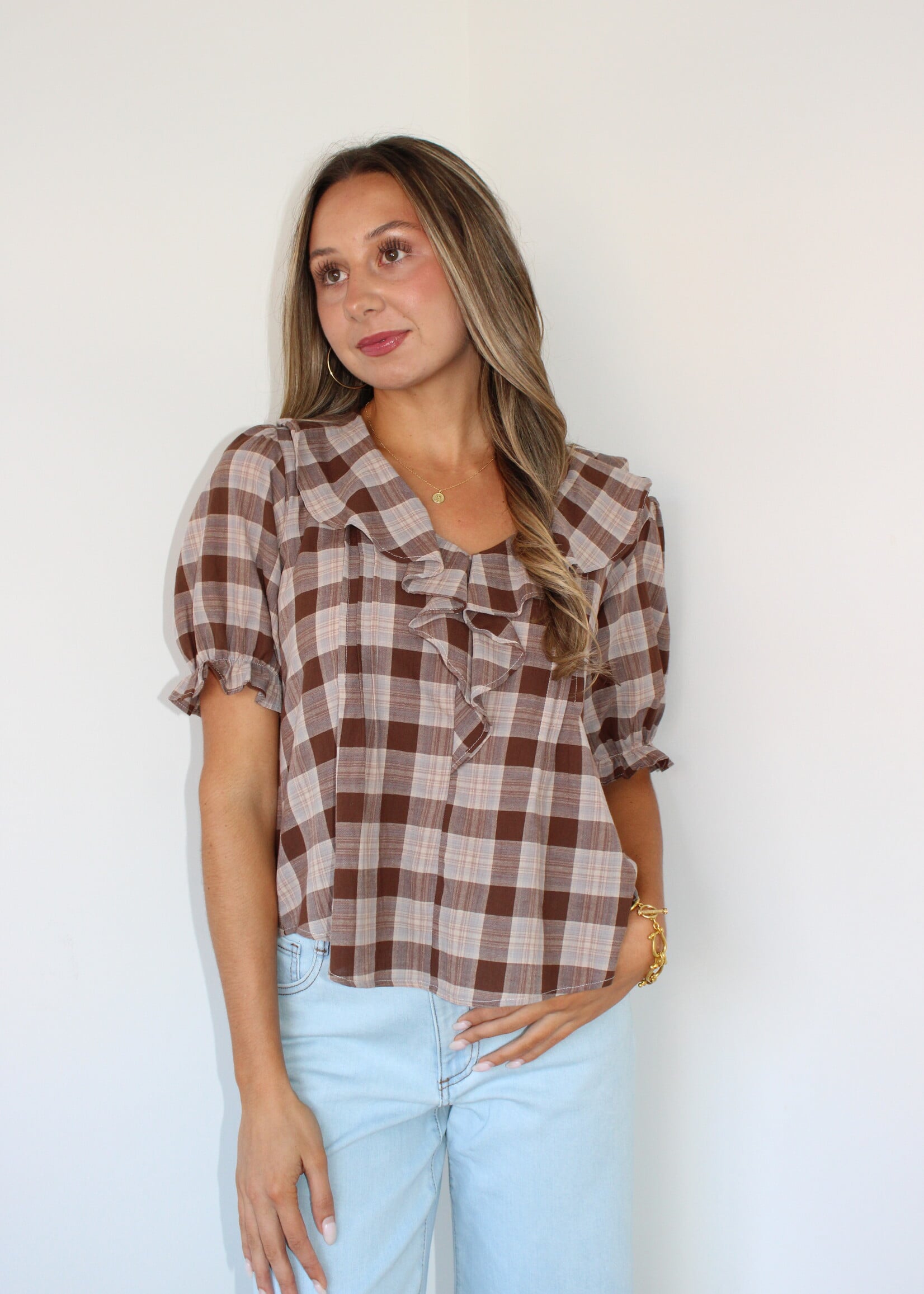 Cleve Ruffle Neck Puff Sleeve Plaid Top