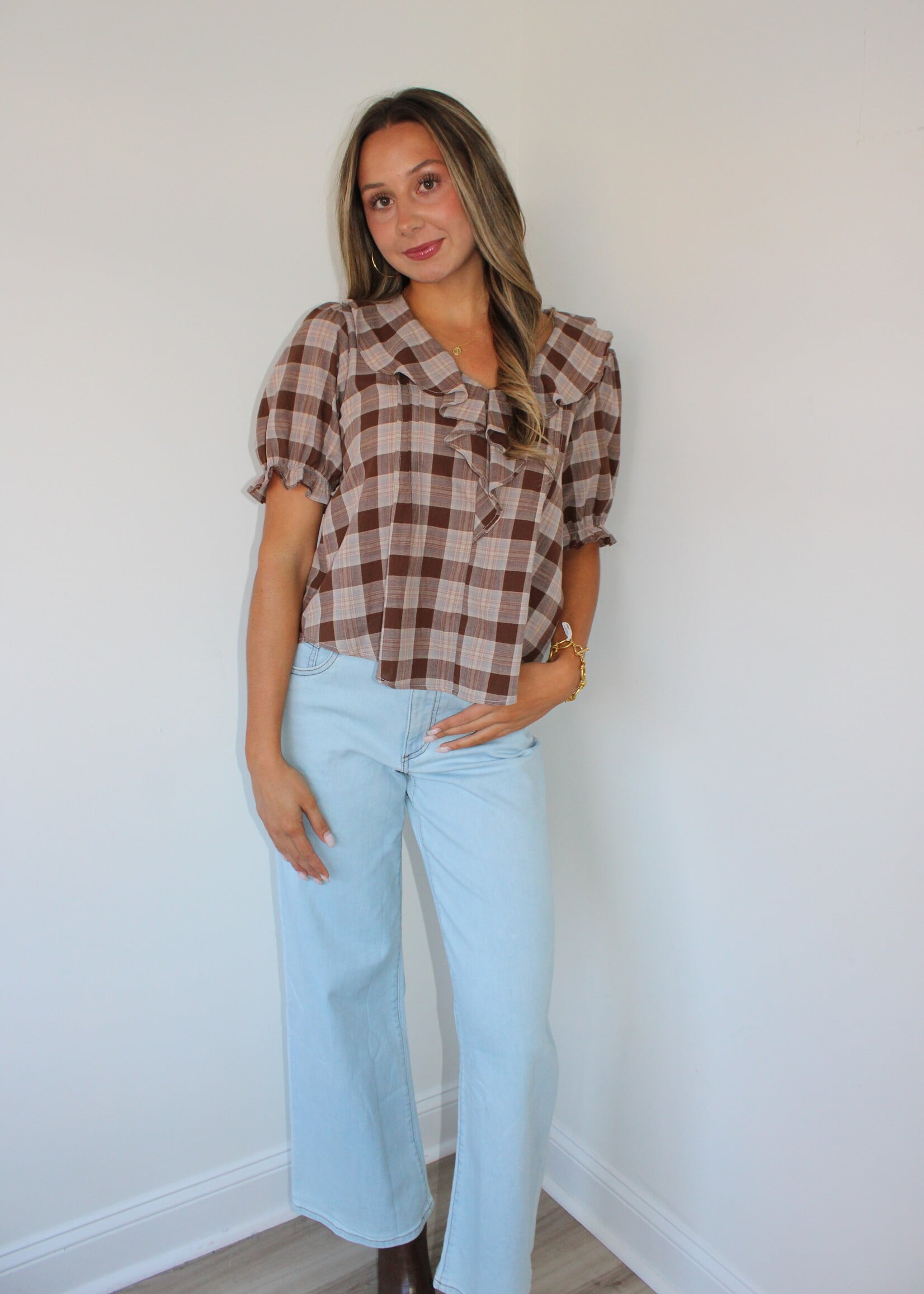Cleve Ruffle Neck Puff Sleeve Plaid Top
