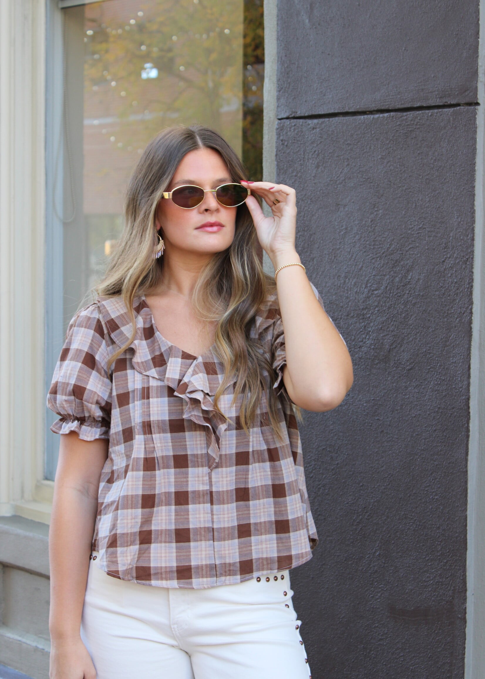 Cleve Ruffle Neck Puff Sleeve Plaid Top