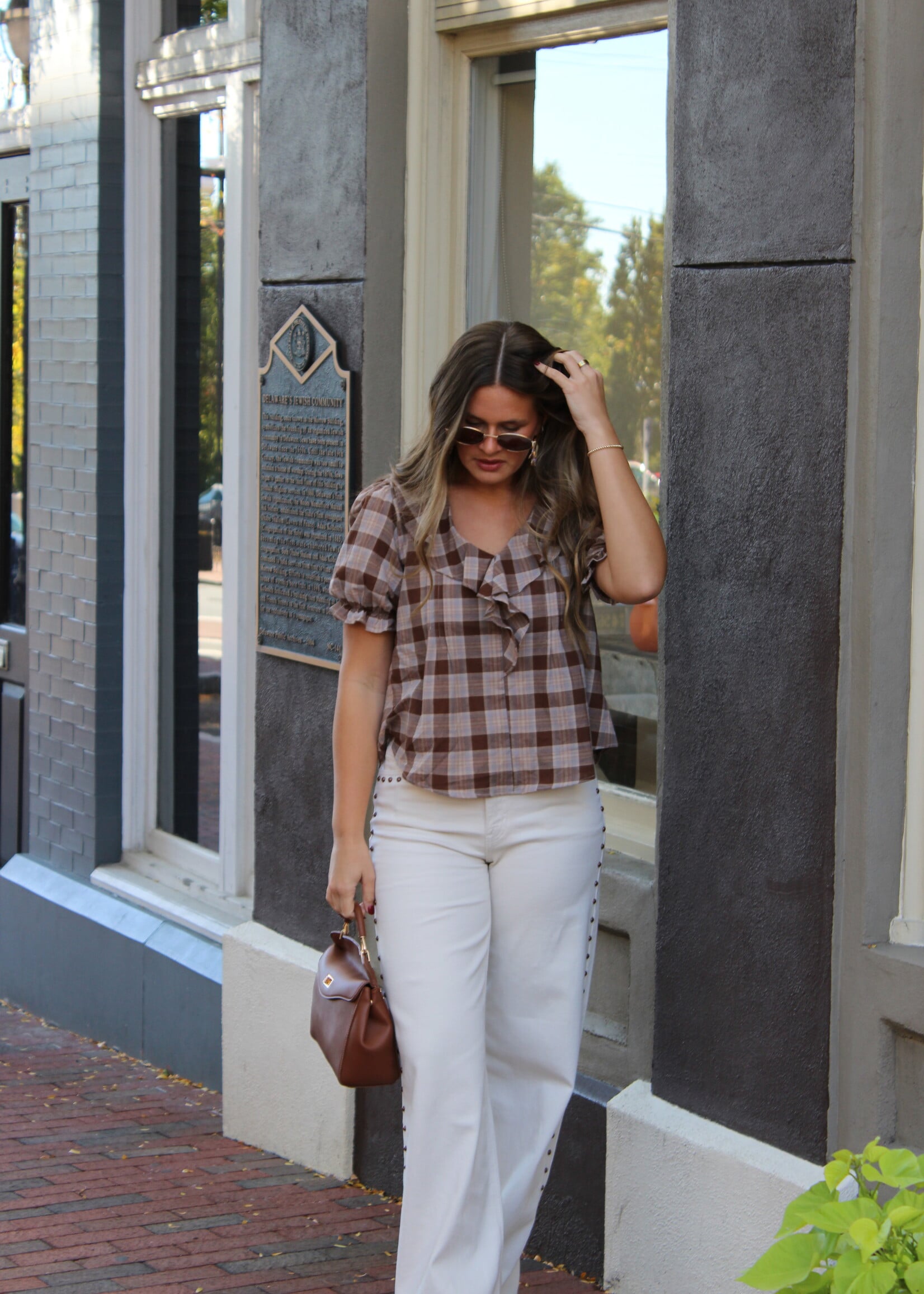 Cleve Ruffle Neck Puff Sleeve Plaid Top
