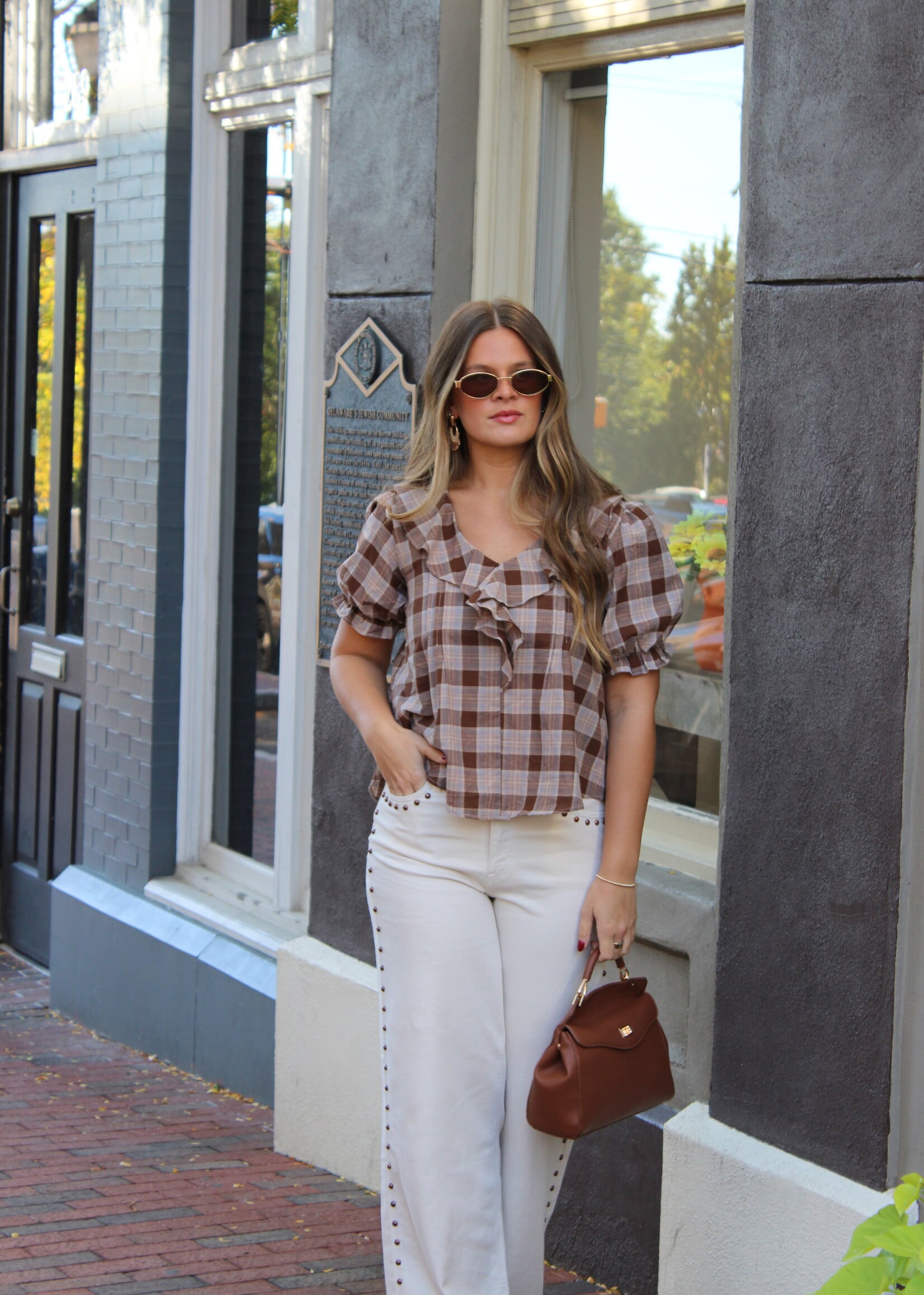 Cleve Ruffle Neck Puff Sleeve Plaid Top