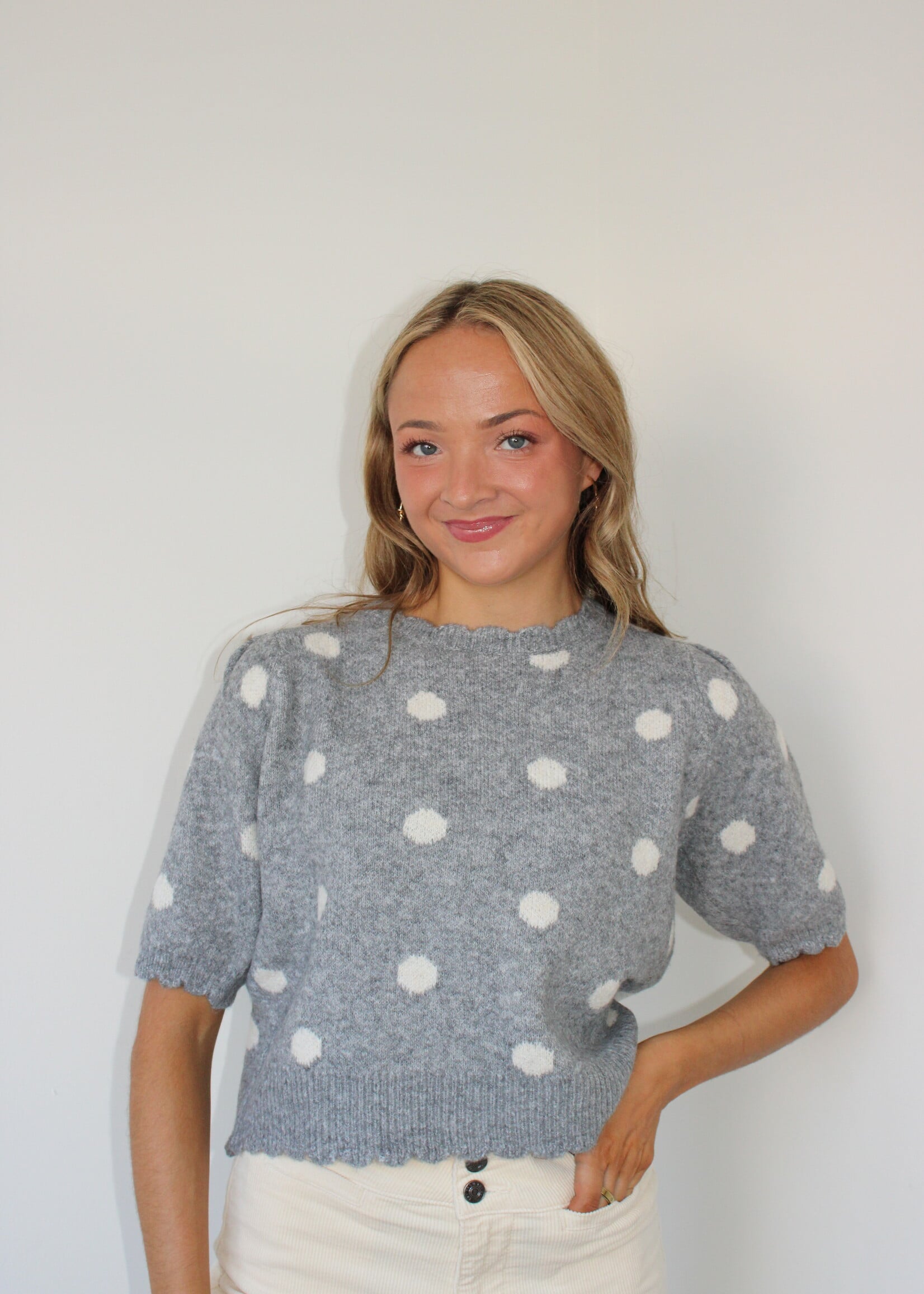 Levy Short Puff Sleeve Polka Dot Sweater