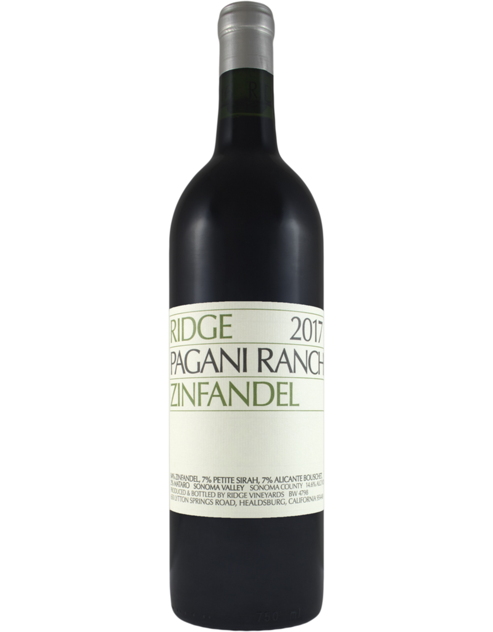 Red Wine 2017, Ridge Pagani Ranch Vineyard, Zinfandel, Sonoma Valley, Sonoma County, California, 14.6% Alc, CT91.3