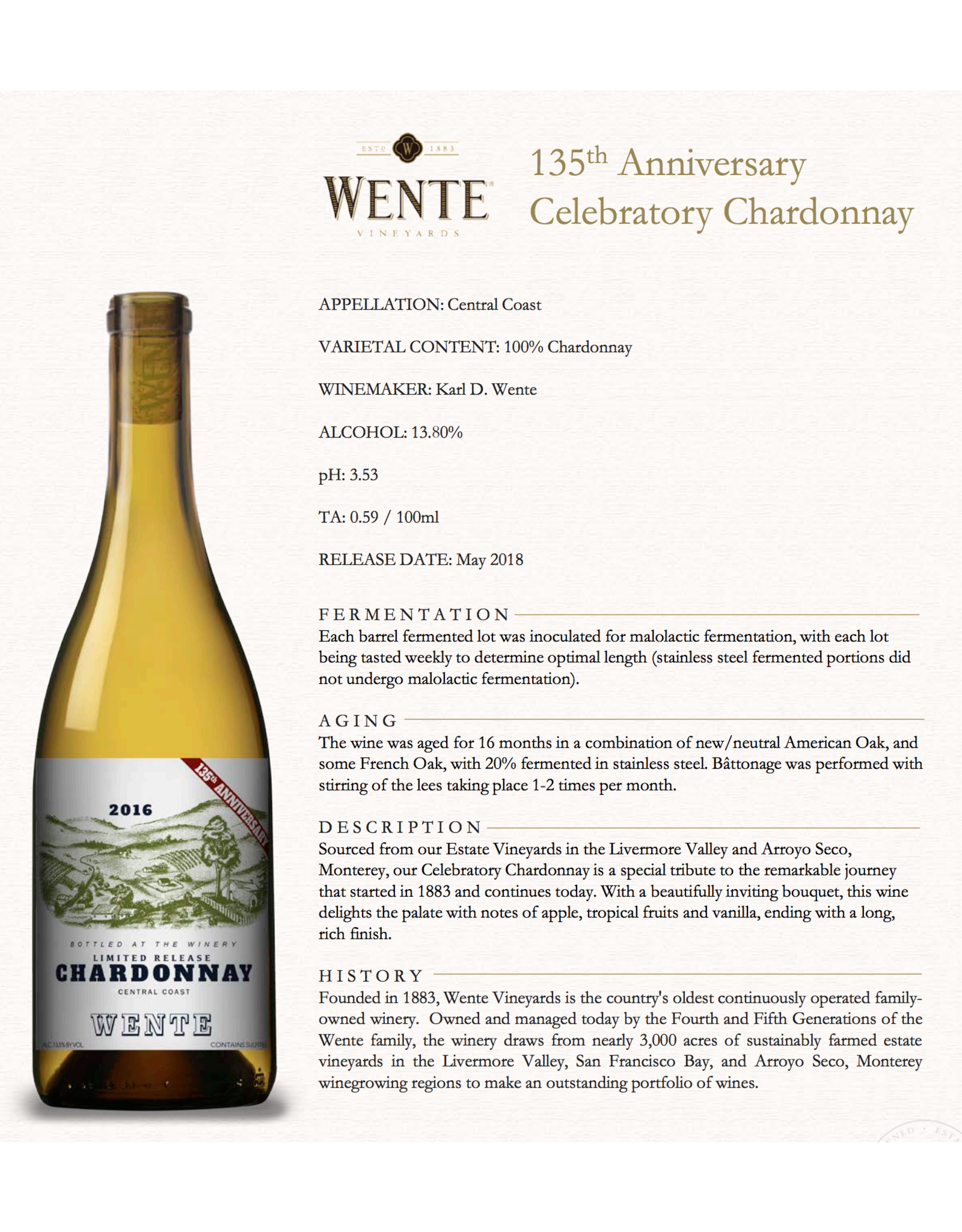 White Wine 2016, Wente Estate 135th Anniversary, Chardonnay, Livermore Valley, San Francisco Bay, California, 13.8% Alc., CT