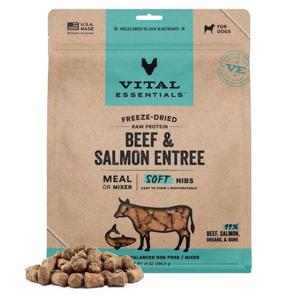 Vital Essentials Freeze Dried Raw  Beef & Salmon Entree & Mixer Soft Nibs Dog 14oz