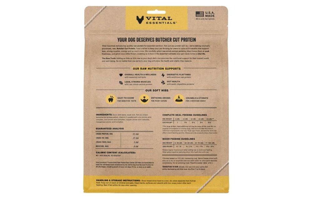 Vital Essentials Freeze Dried Raw Duck Entree & Mixer Soft Nibs Dog 14oz