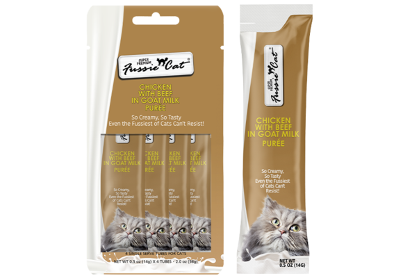 Fussie Cat Treat Chicken/Beef in Goat Milk Puree 2oz