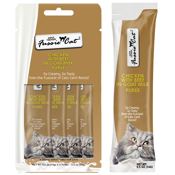 Fussie Cat Treat Chicken/Beef in Goat Milk Puree 2oz