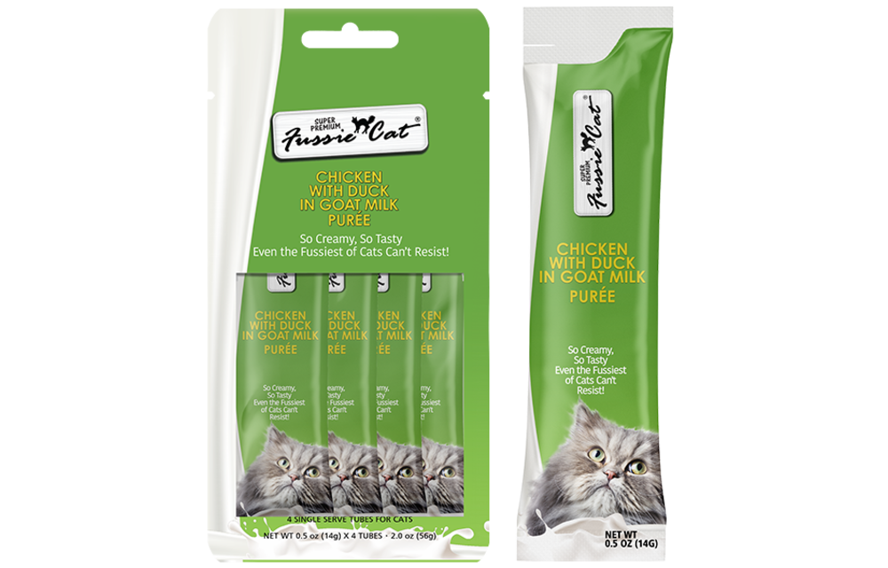 *New*Fussie Cat Treat Chicken/Duck in Goat Milk Puree 2oz