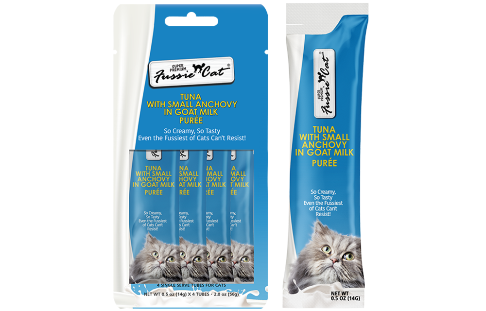 Fussie Cat Treat Tuna/Anchovy in Goat Milk Puree 2oz