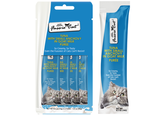 Fussie Cat Treat Tuna/Anchovy in Goat Milk Puree 2oz