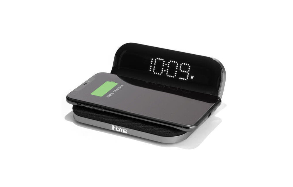 iHome | Compact Alarm Clock with Qi Wireless and USB Charging Grey | 115-2051