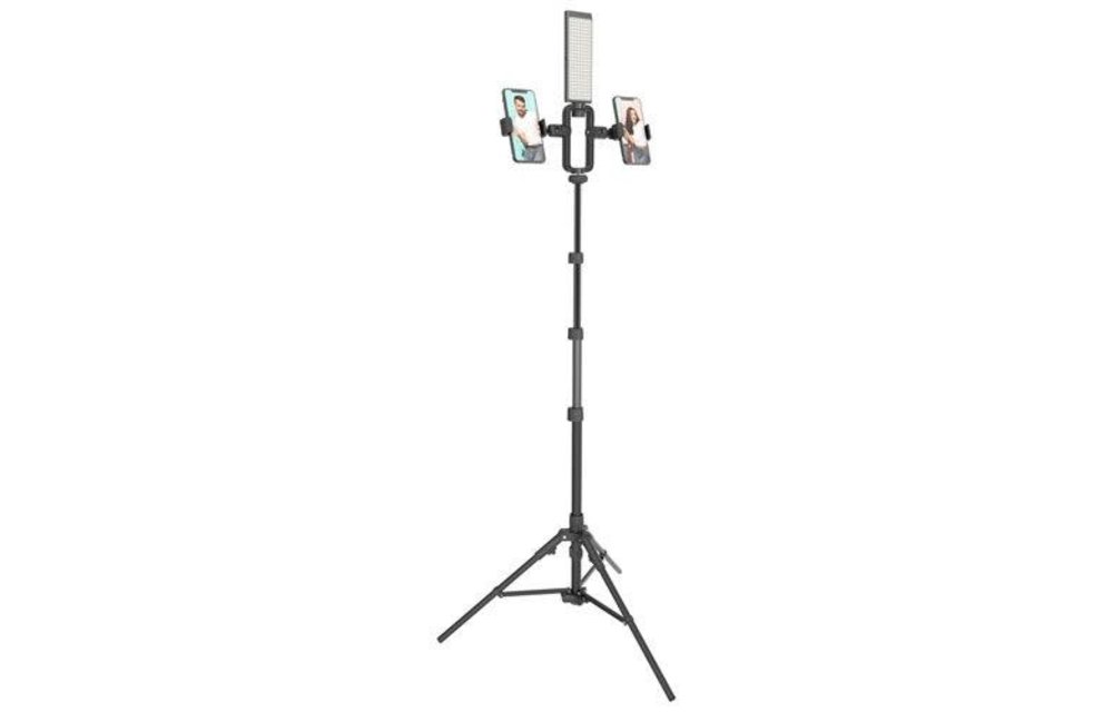 Digipower | Vlogging Tripod & Holder Live Broadcast Aluminum Alloy 6ft Max Height Dual Phone Holder Black TP-STDW5