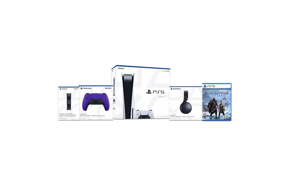 Sony | PlayStation 5 Bundle (Disc Version, God of War, Dual Sense Controller x 2, DualSense Charging Station, Pulse 3D Wireless Headset)
