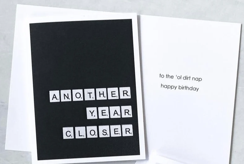 Made By MPS Me + Ru Saucy Scrabble Greeting Cards - Another Year Closer