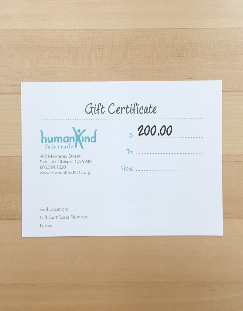 200 Gift Certificate for HumanKind Fair Trade HumanKind