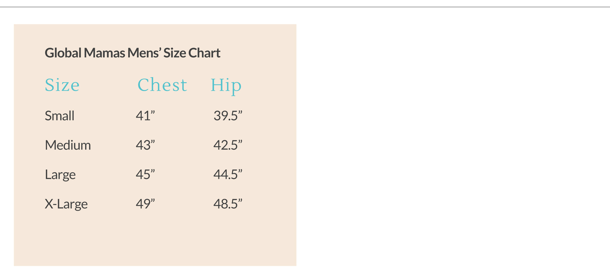 Global Mamas Men's Size Chart