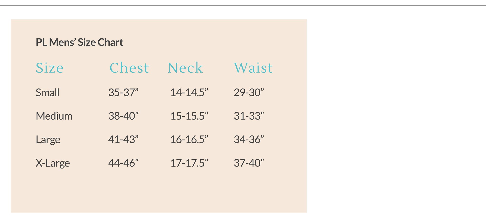 PL Men's Size Chart