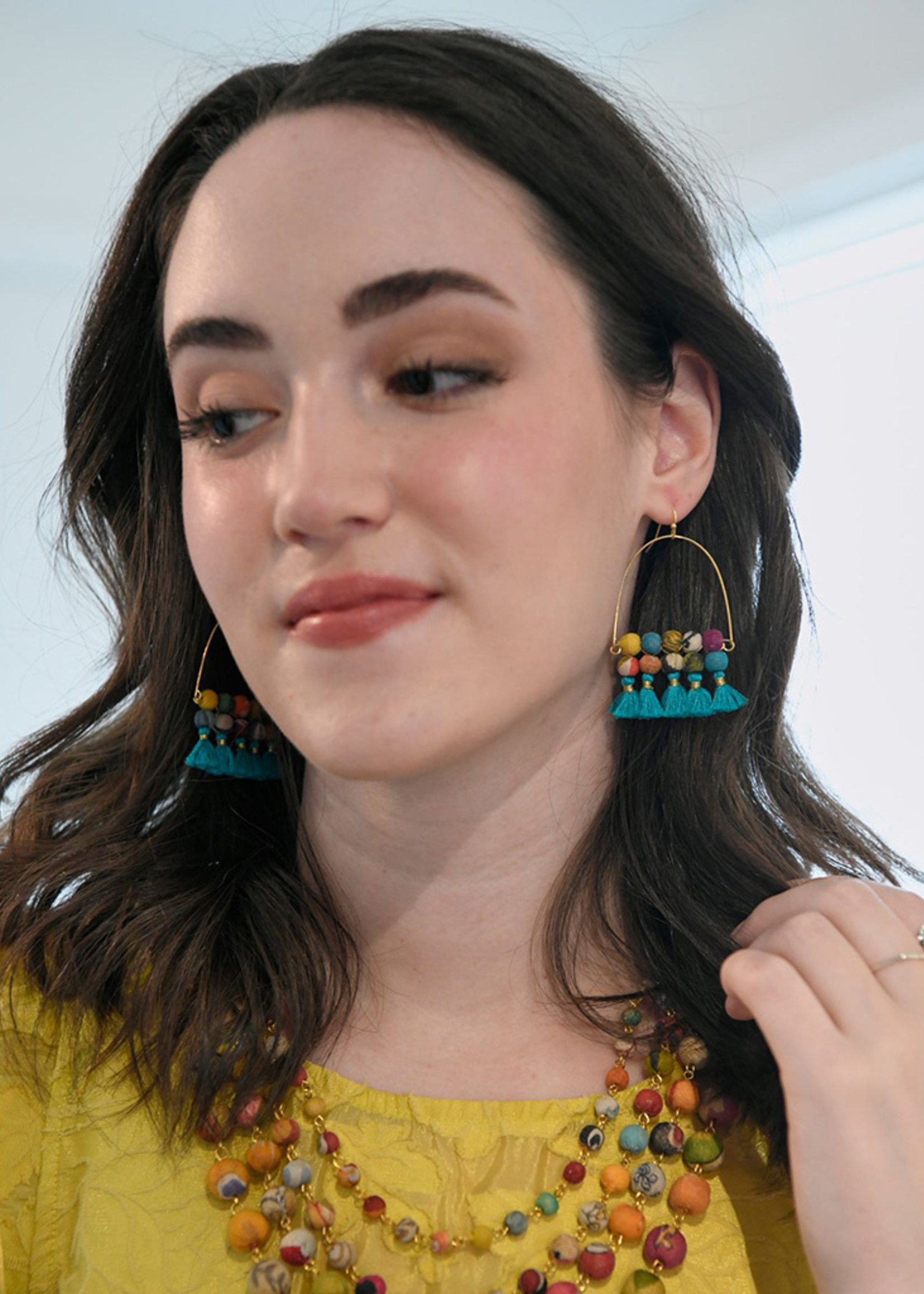 WorldFinds Arched Turquoise Tassel Earrings
