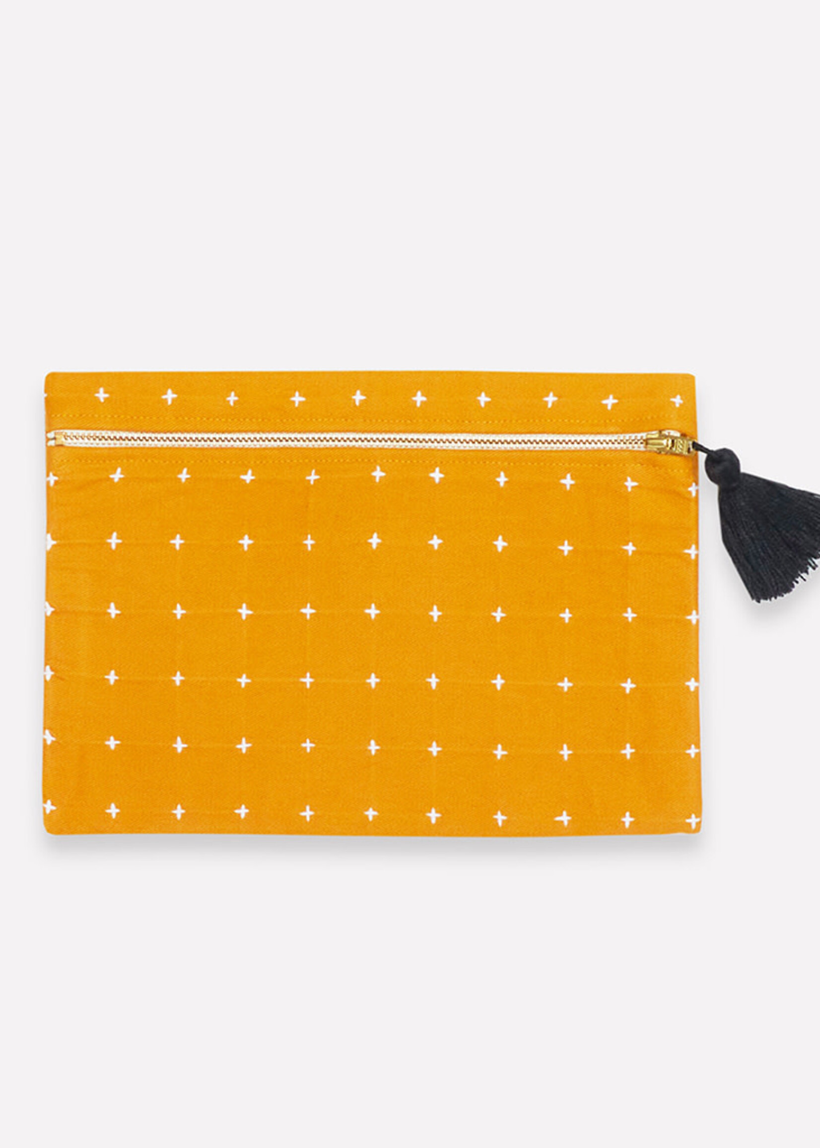 Anchal Project Mustard Yellow Cross-Stitch Pouch Clutch