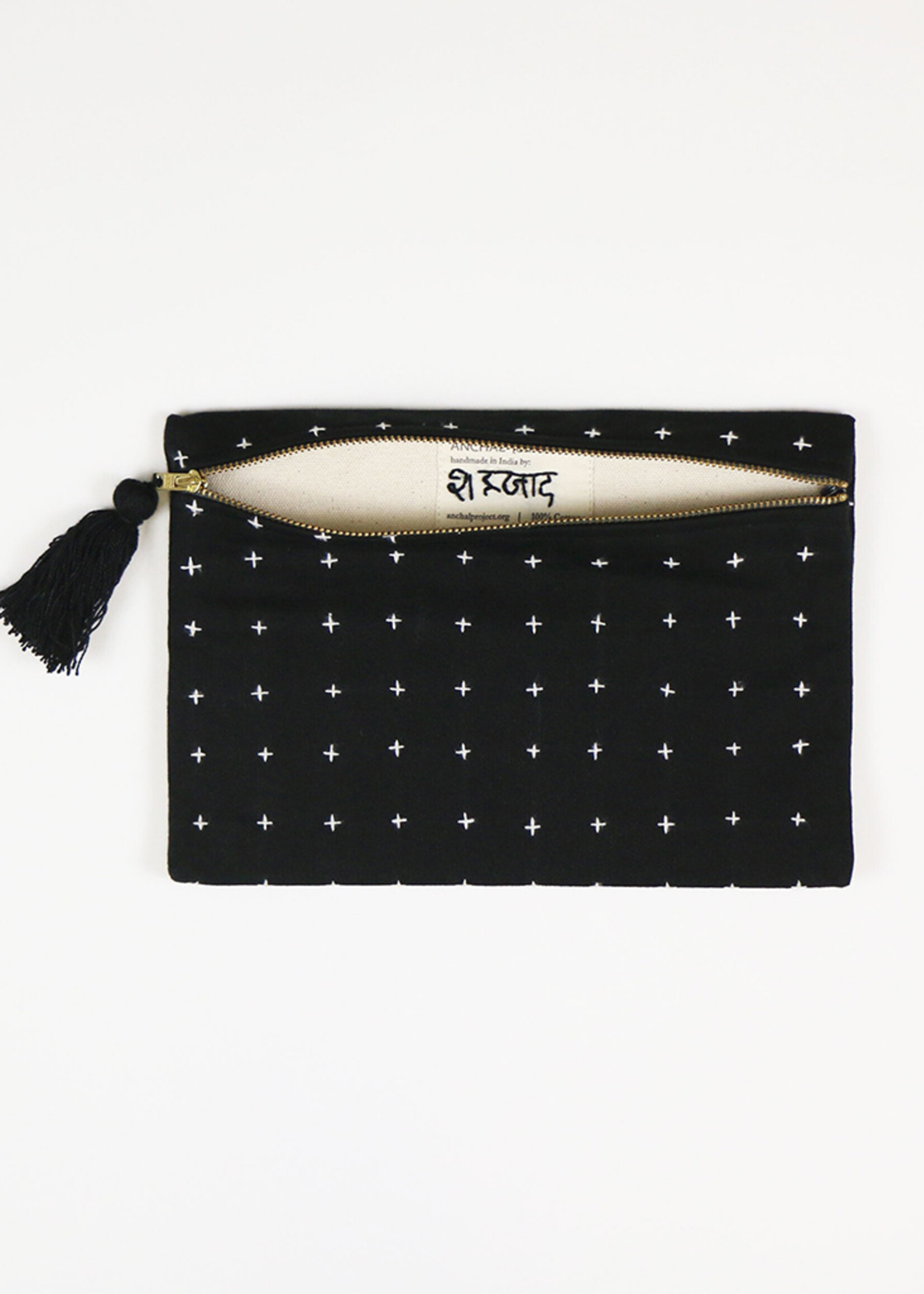 Anchal Project Charcoal Black Cross-Stitch Pouch Clutch