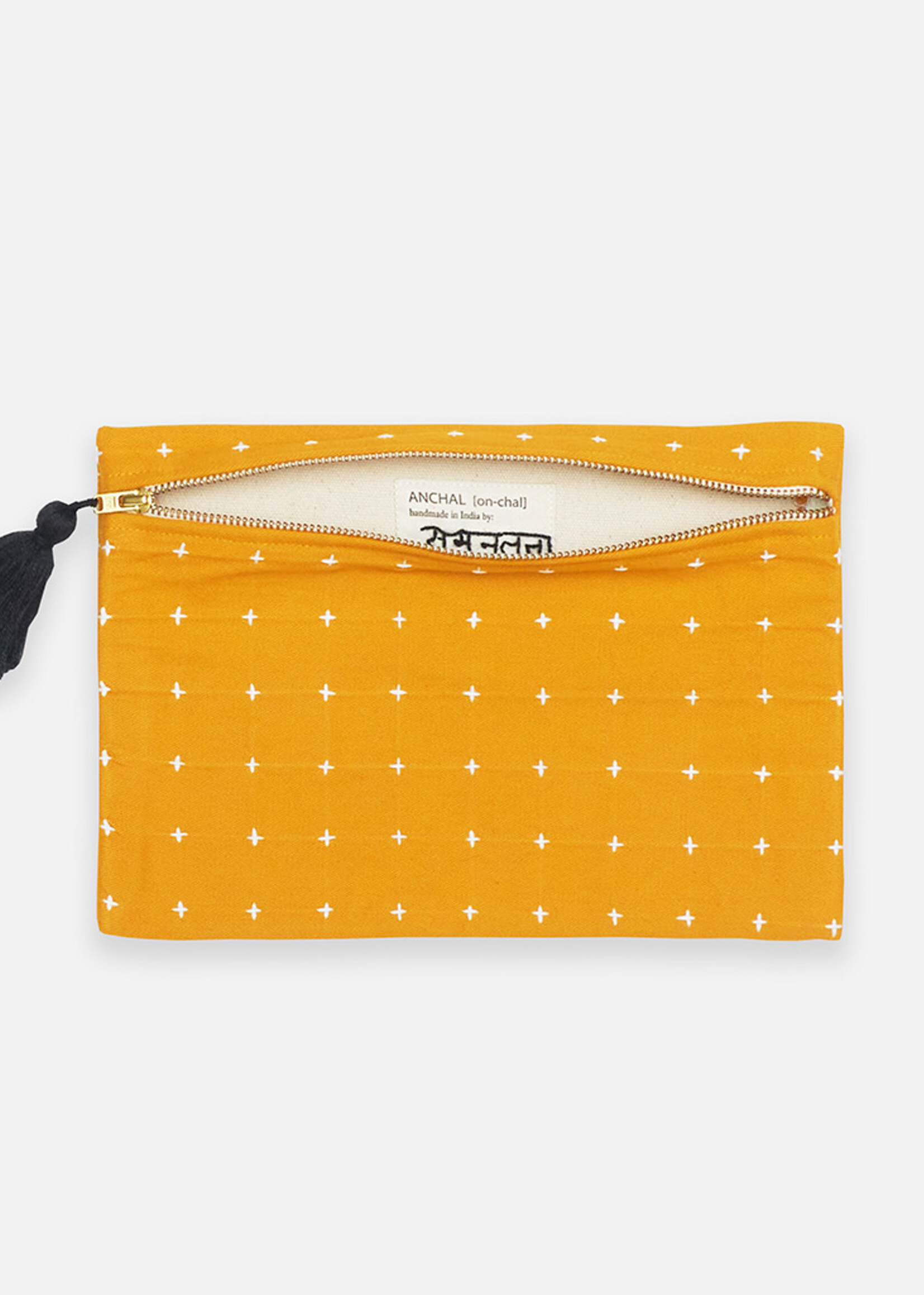 Anchal Project Mustard Yellow Cross-Stitch Pouch Clutch